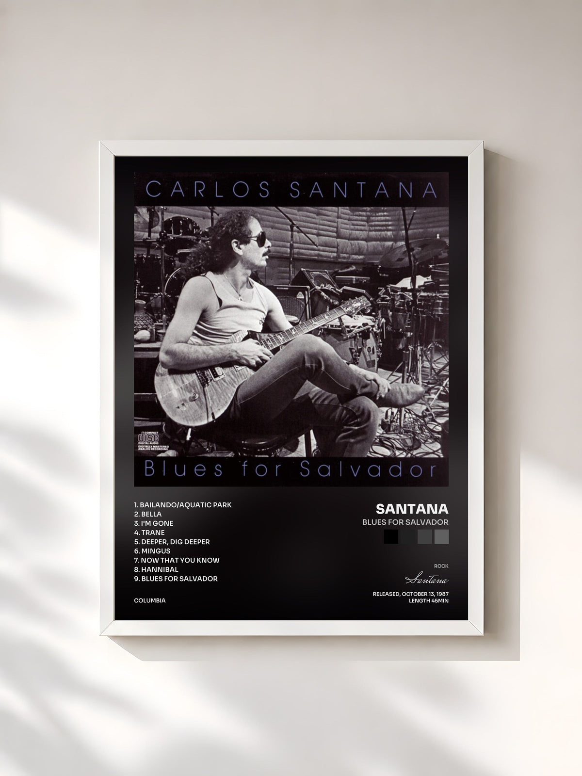 #blanc Tableau de l'album Blues For Salvador de Santana, cadre blanc, imprimé et encadré en France