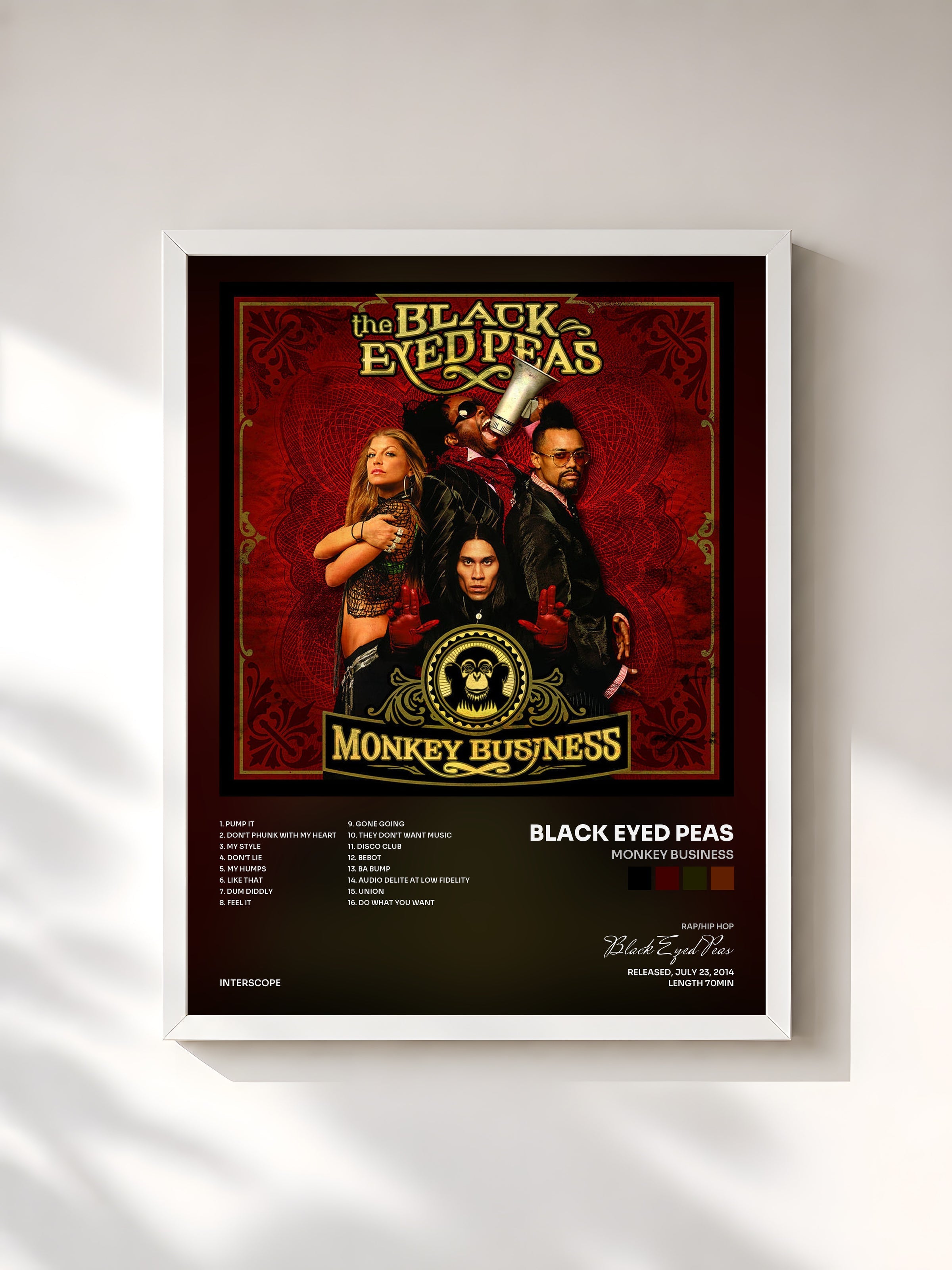 #blanc Monkey Business by Black Eyed Peas as a framed art print, white frame, printed and framed in France