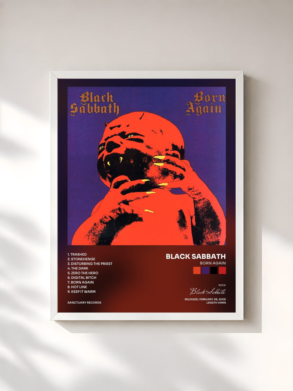 #blanc Tableau de l'album Born Again de Black Sabbath, cadre blanc, imprimé et encadré en France