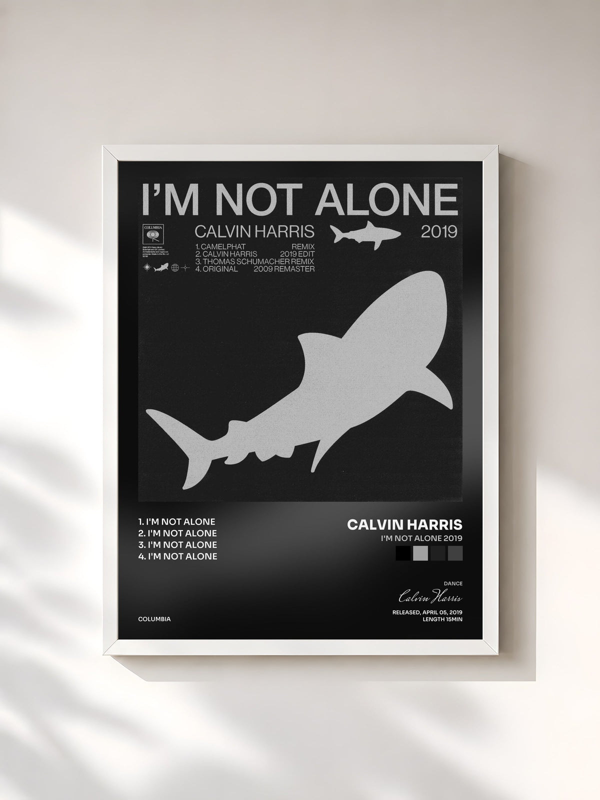 #blanc Tableau de l'album I'm Not Alone 2019 de Calvin Harris, cadre blanc, imprimé et encadré en France