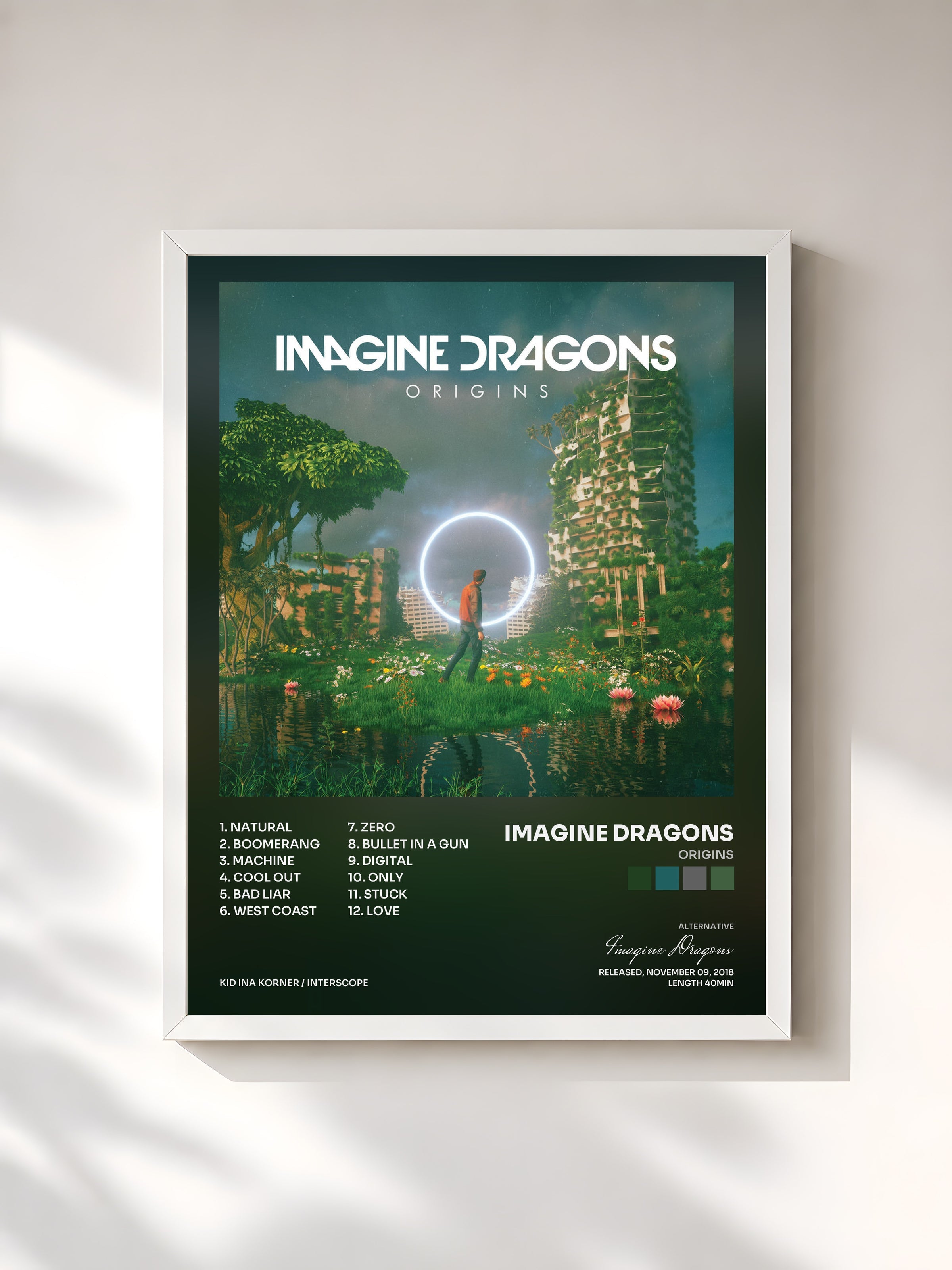 #blanc Tableau de l'album Origins de Imagine Dragons, cadre blanc, imprimé et encadré en France