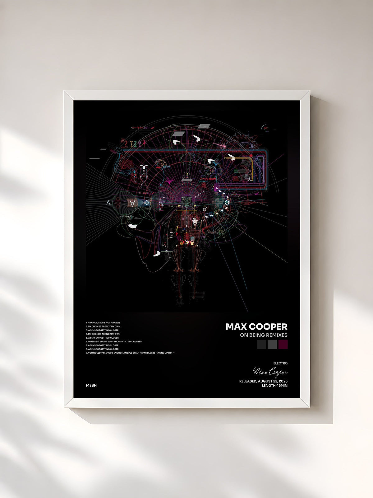 #blanc Tableau de l'album On Being Remixes de Max Cooper, cadre blanc, imprimé et encadré en France