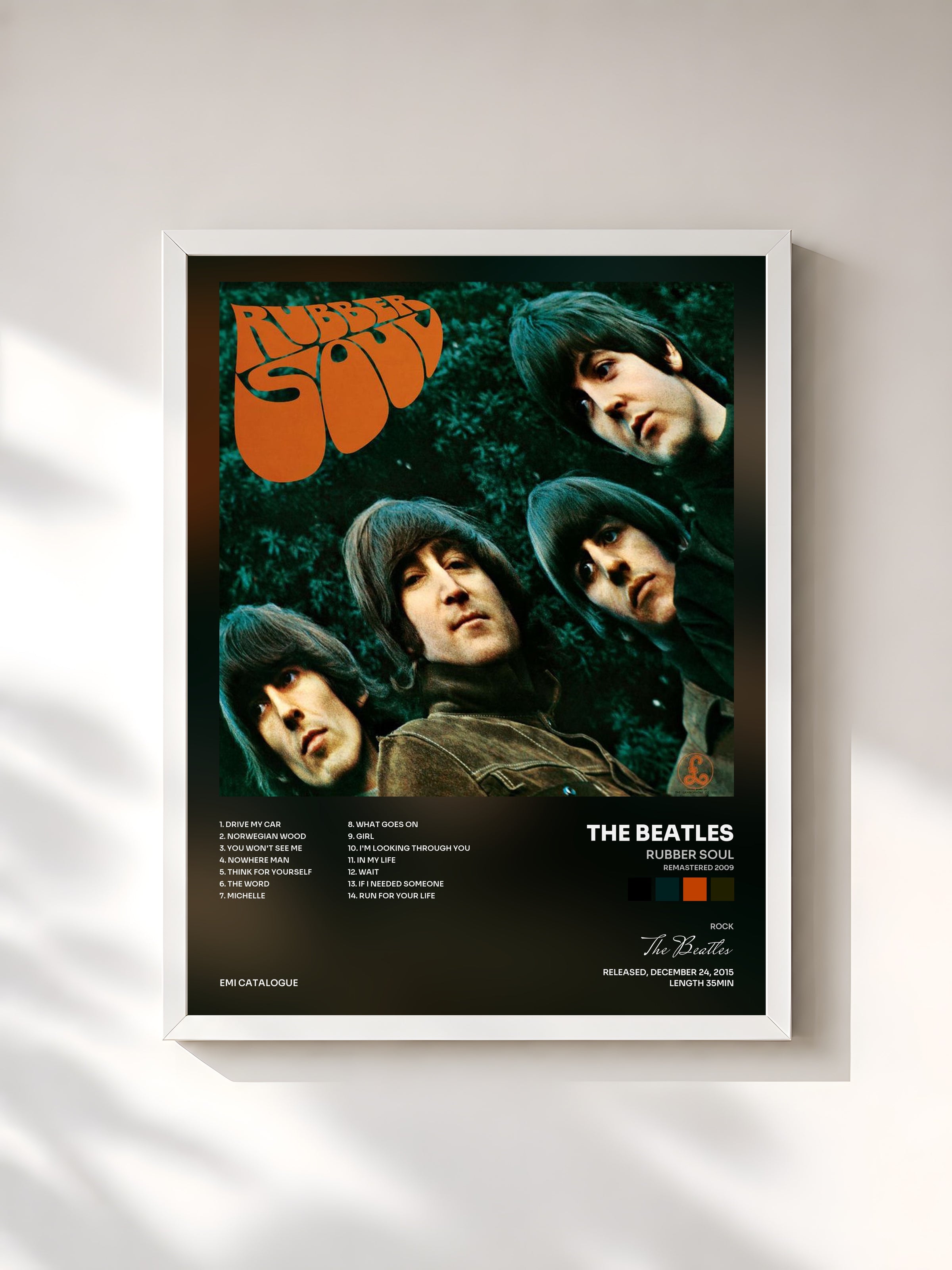 #blanc Tableau de l'album Rubber Soul (Remastered 2009) de The Beatles, cadre blanc, imprimé et encadré en France