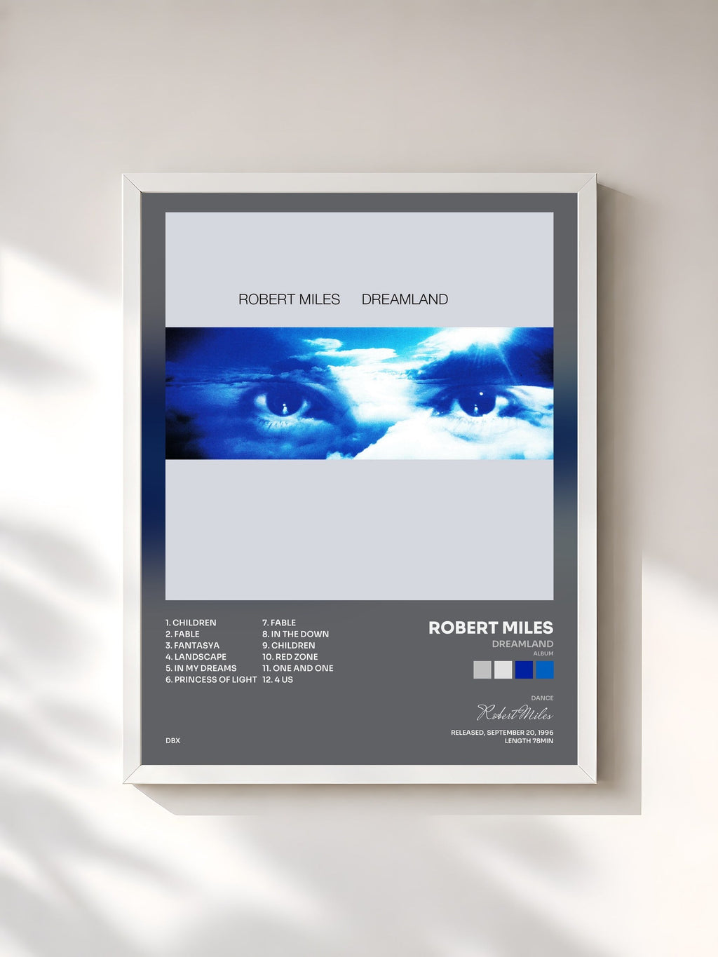 #blanc Dreamland (Album) by Robert Miles as a framed art print, white frame, printed and framed in France