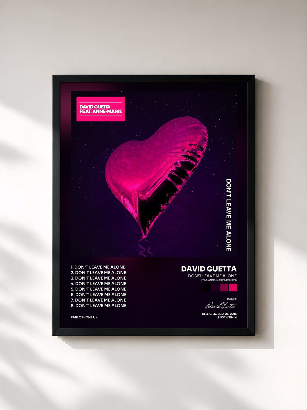 #noir Tableau de l'album Don't Leave Me Alone (feat. Anne-Marie) (Remixes) de David Guetta, cadre noir, imprimé et encadré en France