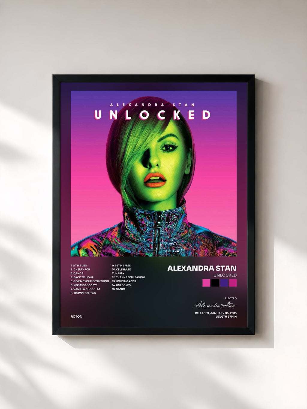 #noir Tableau de l'album Unlocked de Alexandra Stan, cadre noir, imprimé et encadré en France
