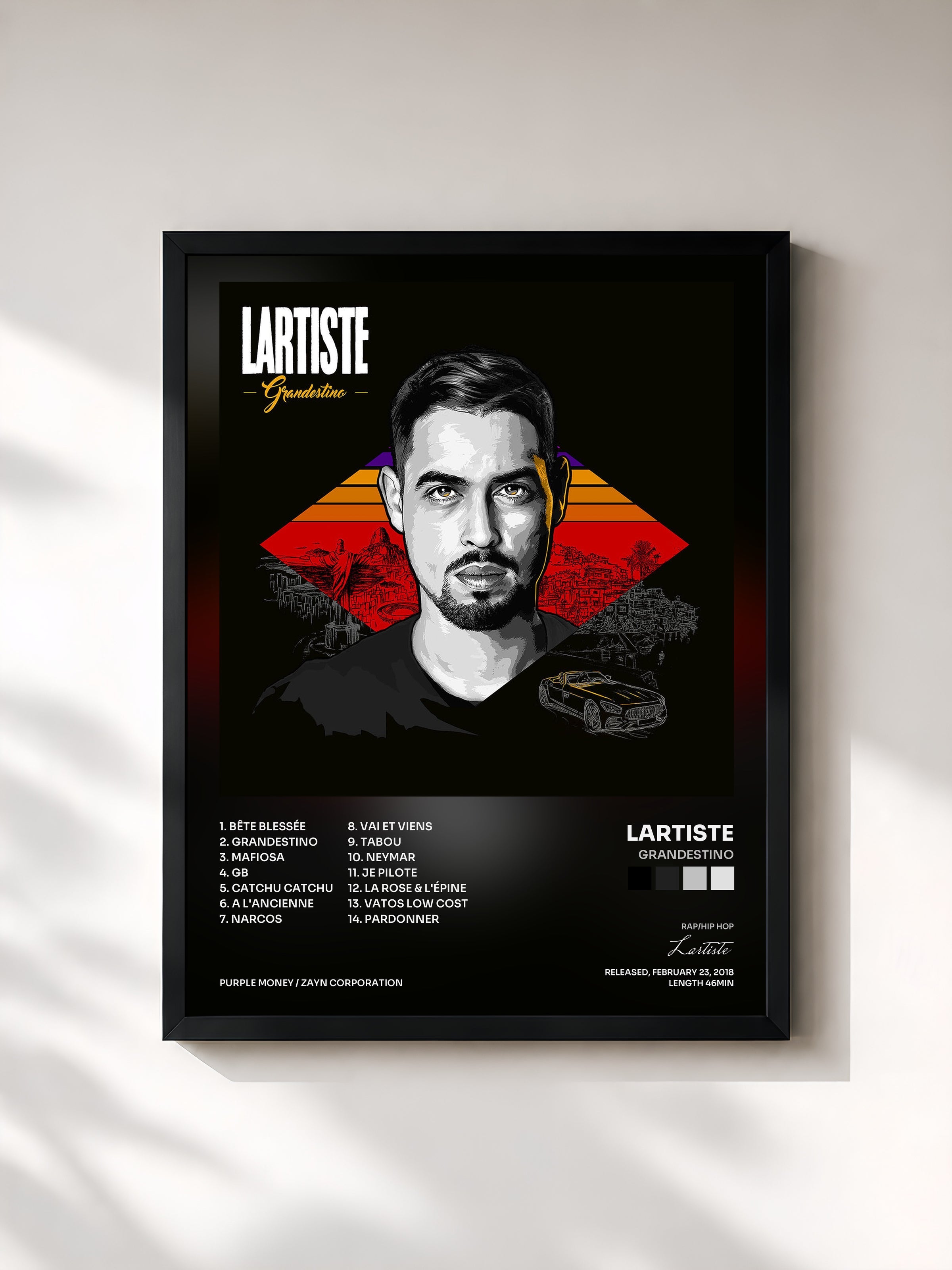 #noir Tableau de l'album Grandestino de Lartiste, cadre noir, imprimé et encadré en France