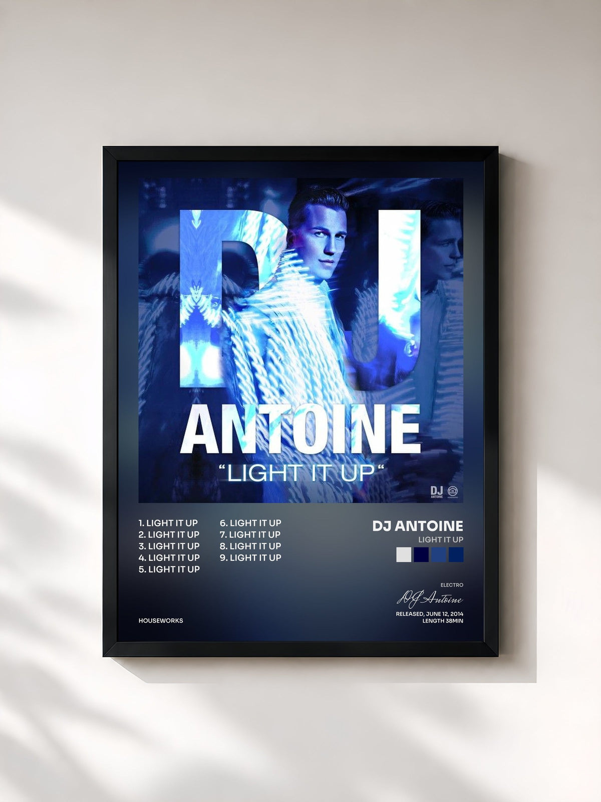 #noir Tableau de l'album Light It Up de DJ Antoine, cadre noir, imprimé et encadré en France