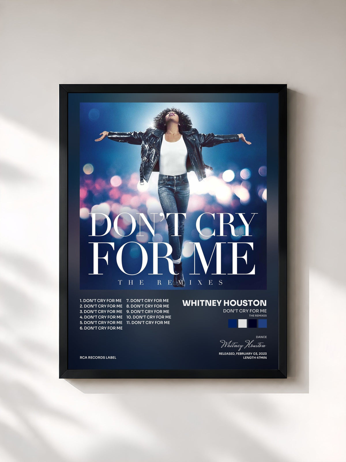 #noir Tableau de l'album Don't Cry For Me (The Remixes) de Whitney Houston, cadre noir, imprimé et encadré en France