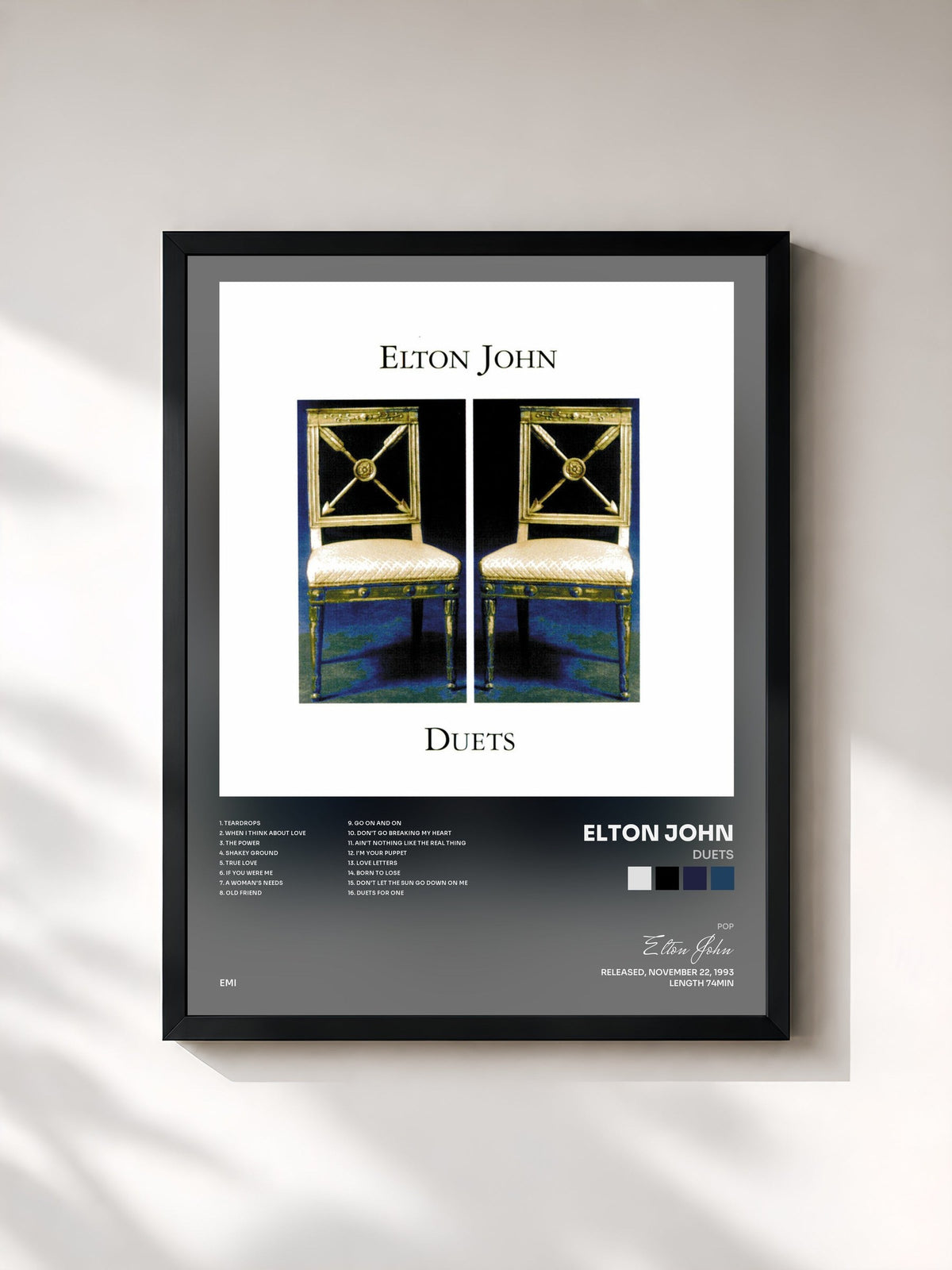 #noir Tableau de l'album Duets de Elton John, cadre noir, imprimé et encadré en France