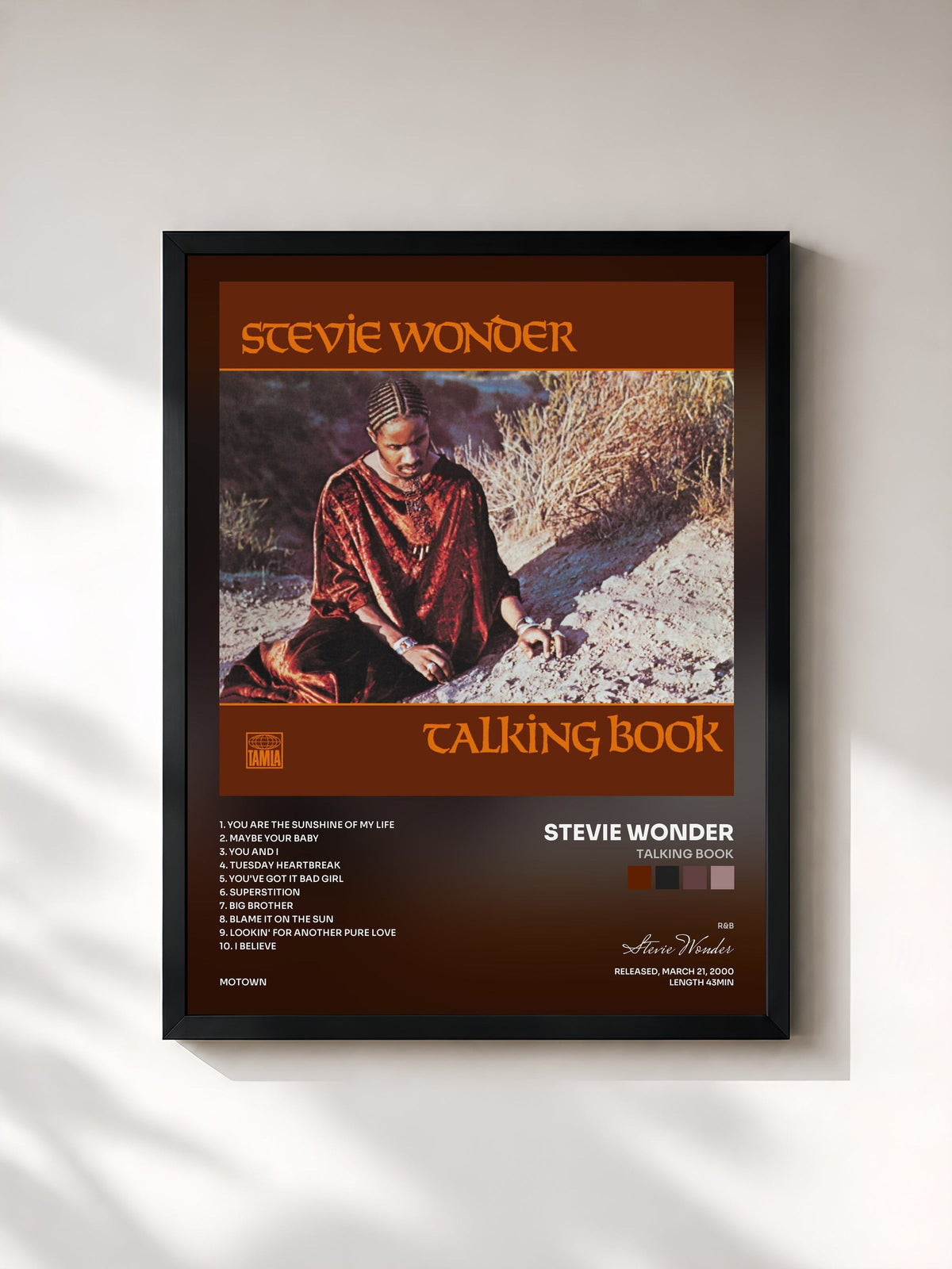 #noir Tableau de l'album Talking Book de Stevie Wonder, cadre noir, imprimé et encadré en France