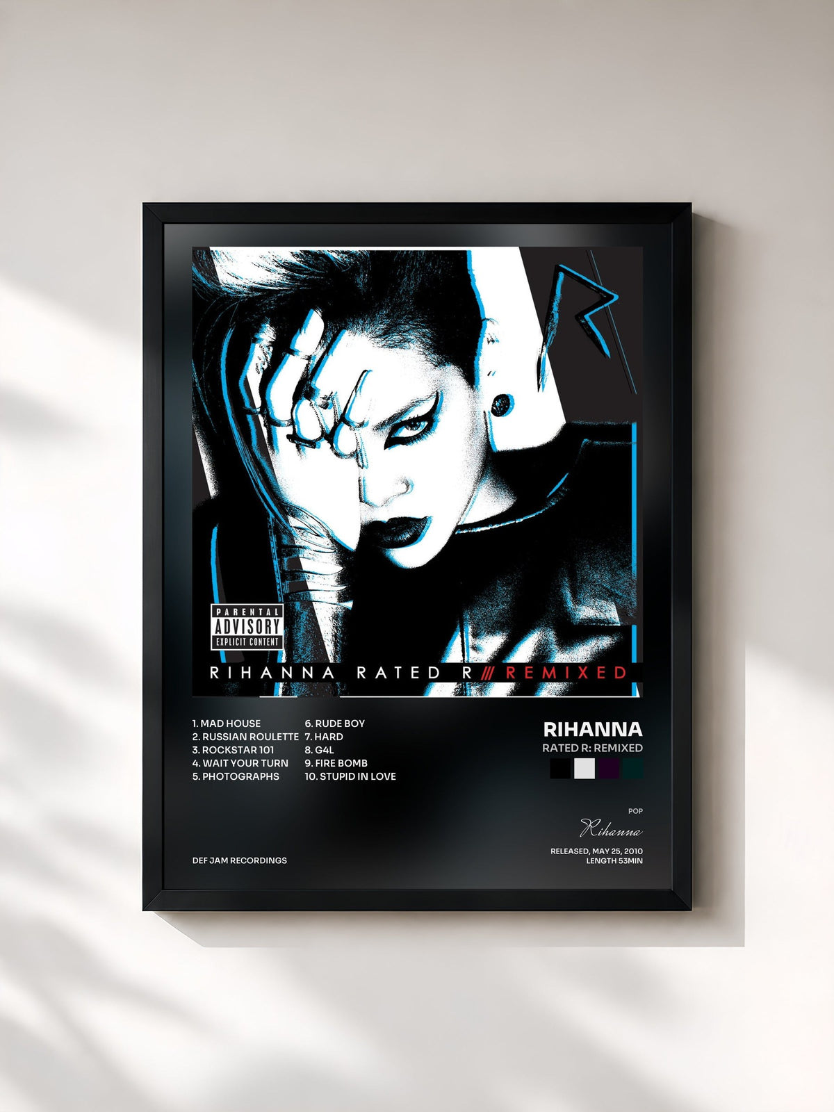 #noir Tableau de l'album Rated R: Remixed de Rihanna, cadre noir, imprimé et encadré en France