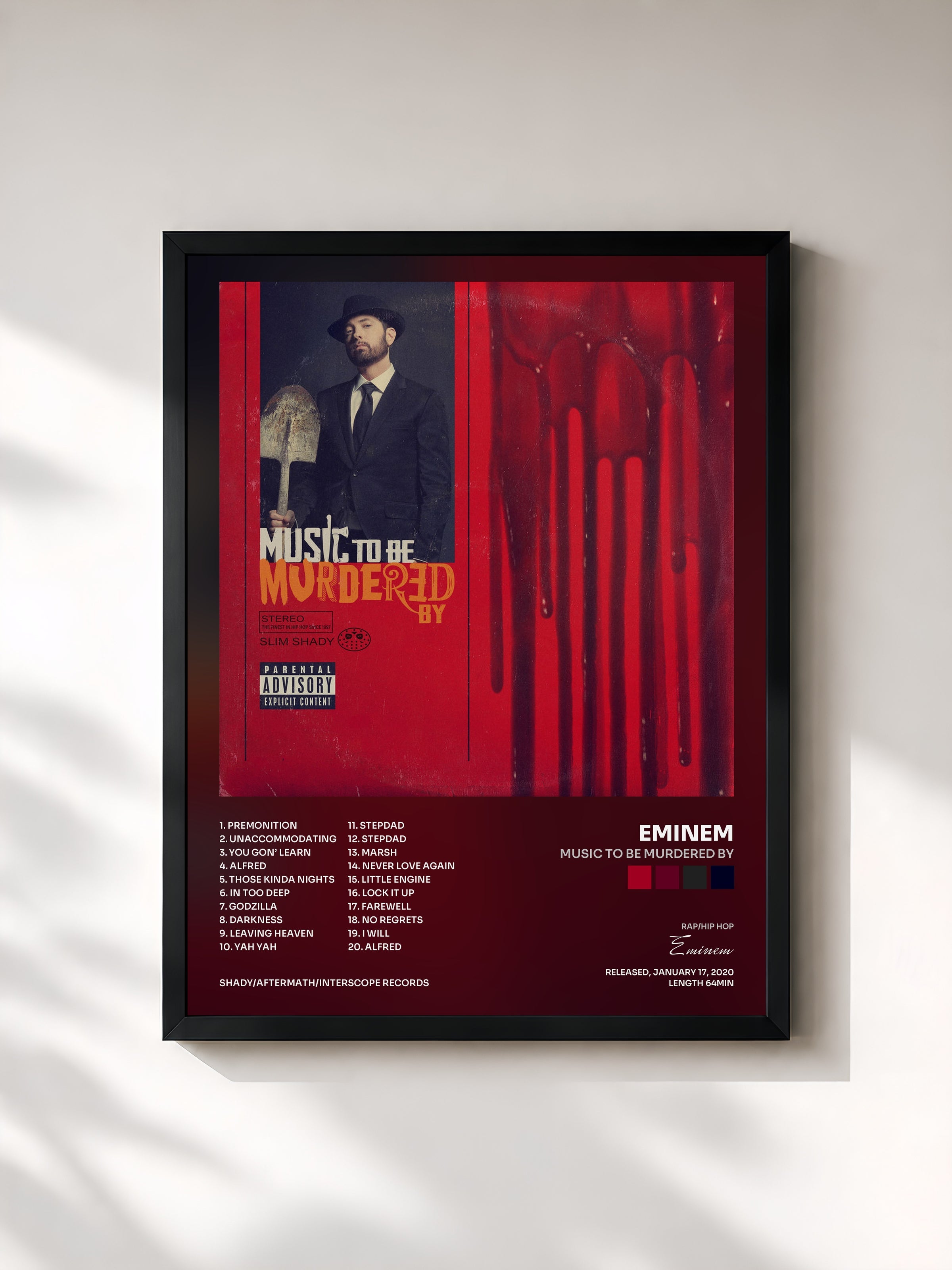 #noir Tableau de l'album Music To Be Murdered By de Eminem, cadre noir, imprimé et encadré en France