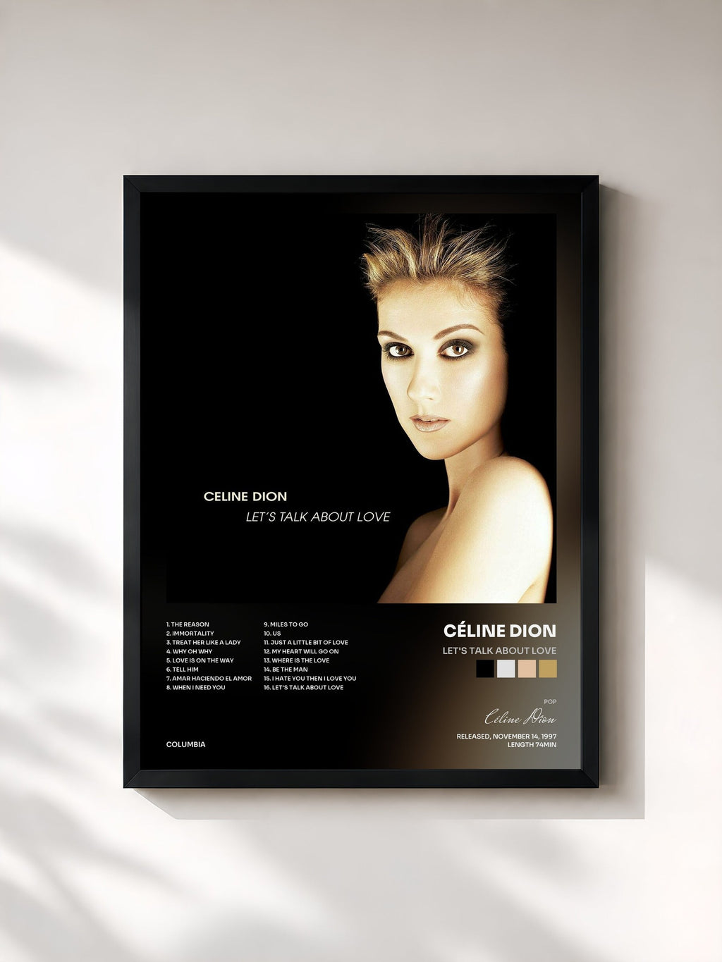 #noir Tableau de l'album Let's Talk About Love de Céline Dion, cadre noir, imprimé et encadré en France