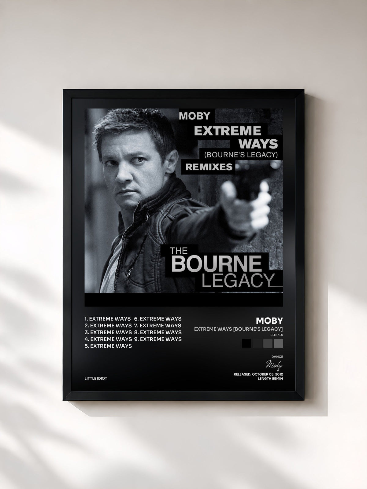 #noir Tableau de l'album Extreme Ways (Bourne's Legacy) (Remixes) de Moby, cadre noir, imprimé et encadré en France