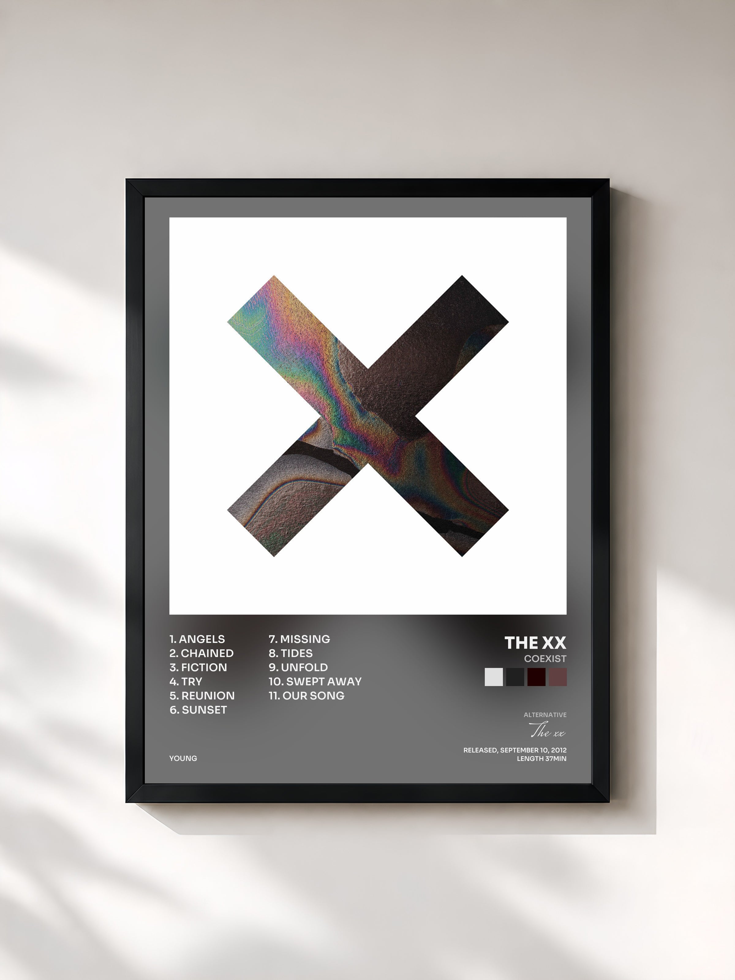 #noir Tableau de l'album Coexist de The xx, cadre noir, imprimé et encadré en France