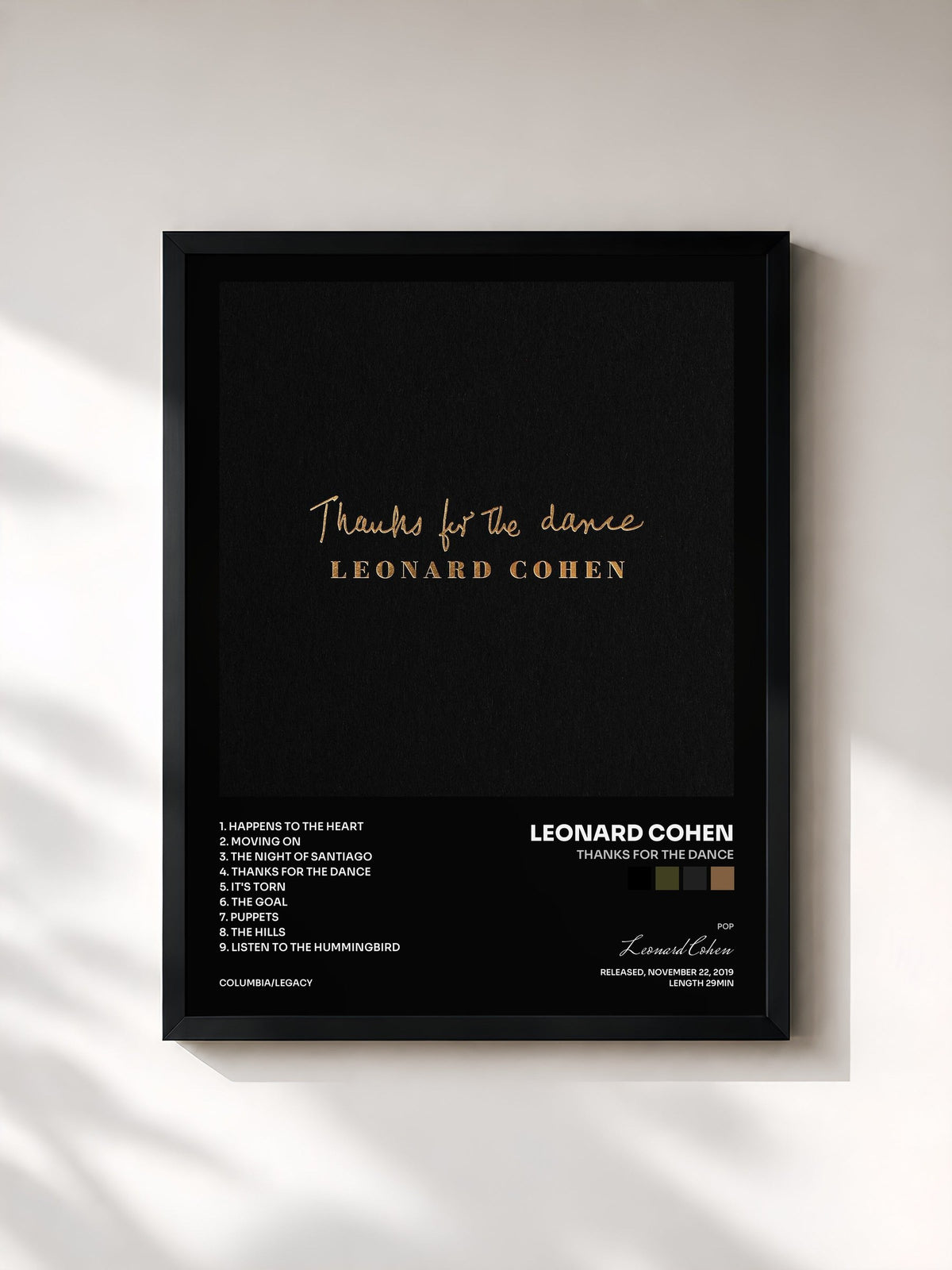 #noir Tableau de l'album Thanks for the Dance de Leonard Cohen, cadre noir, imprimé et encadré en France
