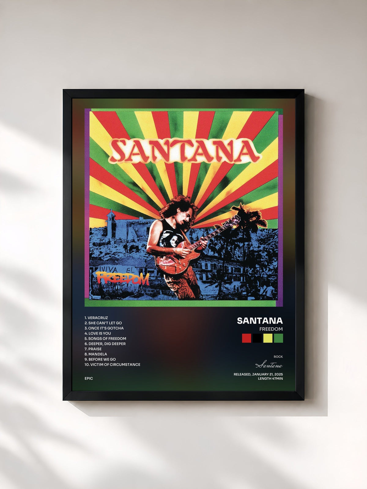 #noir Tableau de l'album Freedom de Santana, cadre noir, imprimé et encadré en France