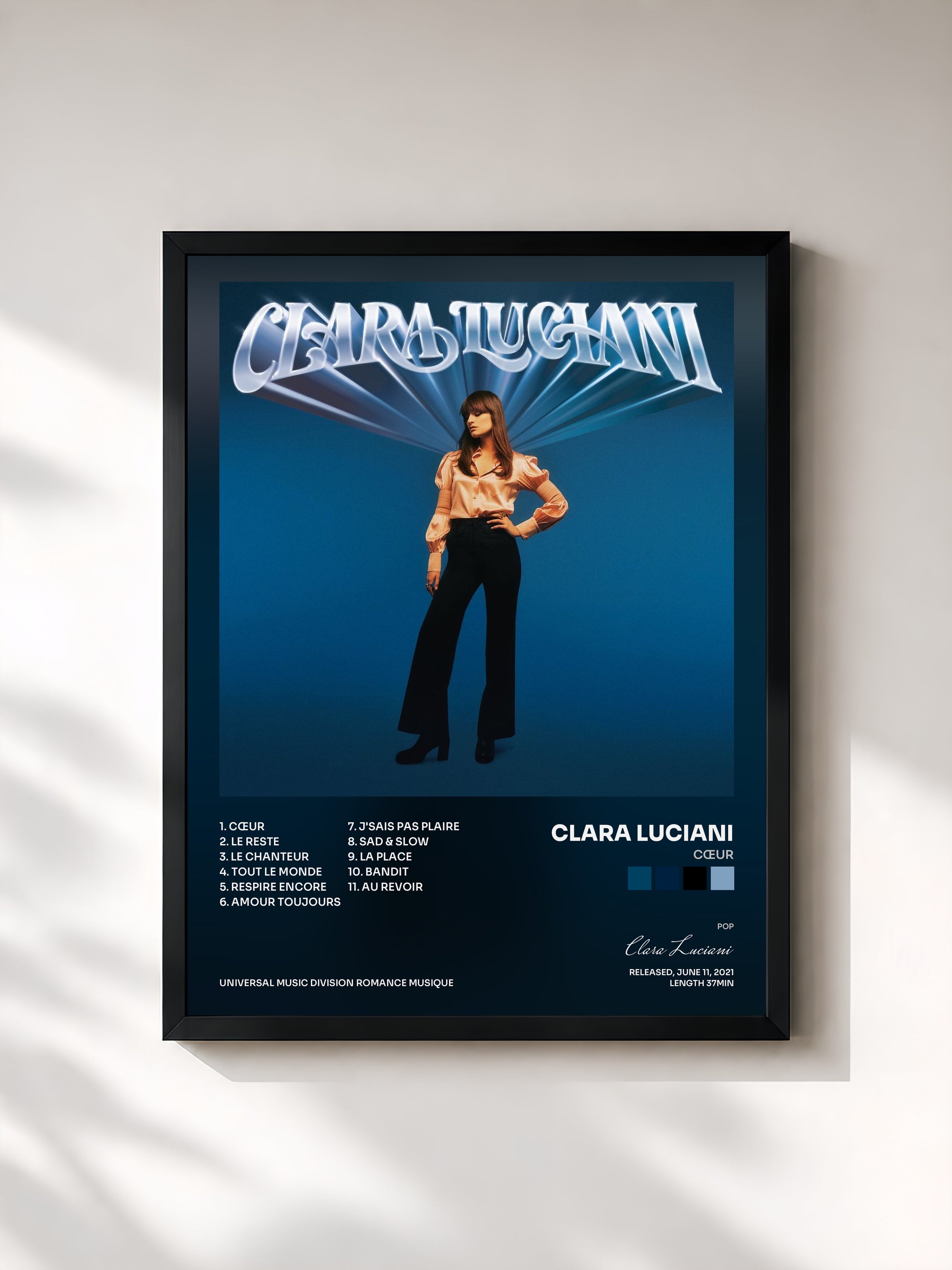 #noir Tableau de l'album Cœur de Clara Luciani, cadre noir, imprimé et encadré en France