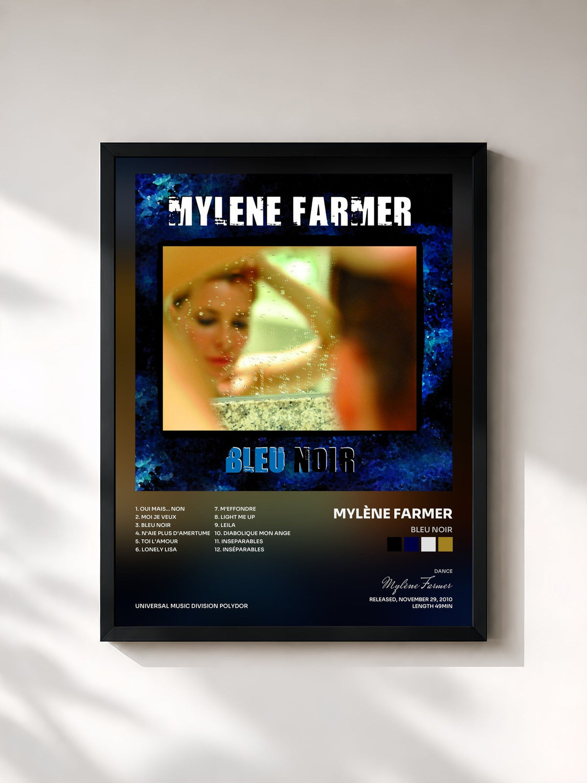 #noir Tableau de l'album Bleu Noir de Mylène Farmer, cadre noir, imprimé et encadré en France