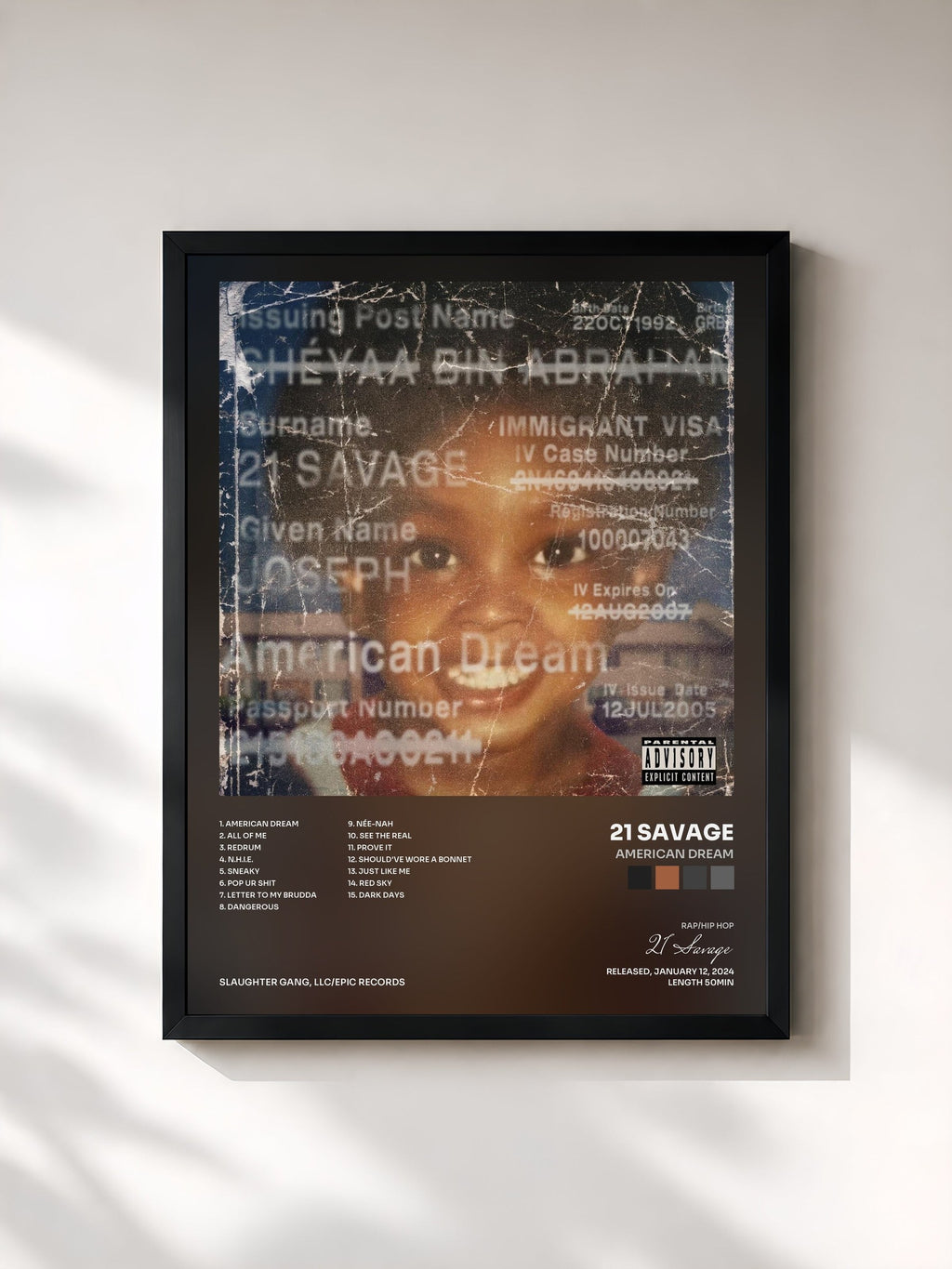 #noir Tableau de l'album american dream de 21 Savage, cadre noir, imprimé et encadré en France