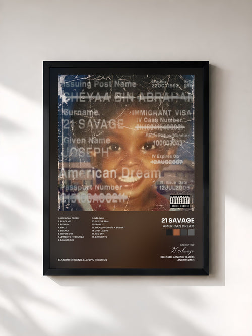 #noir american dream by 21 Savage as a framed art print, black frame, printed and framed in France