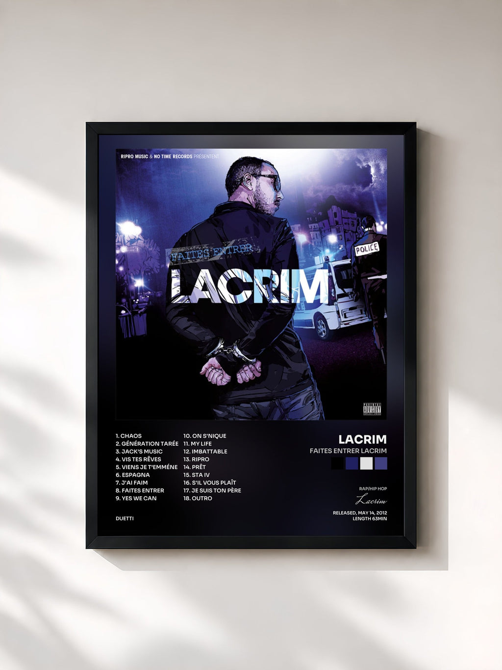 #noir Tableau de l'album Faites entrer Lacrim de Lacrim, cadre noir, imprimé et encadré en France