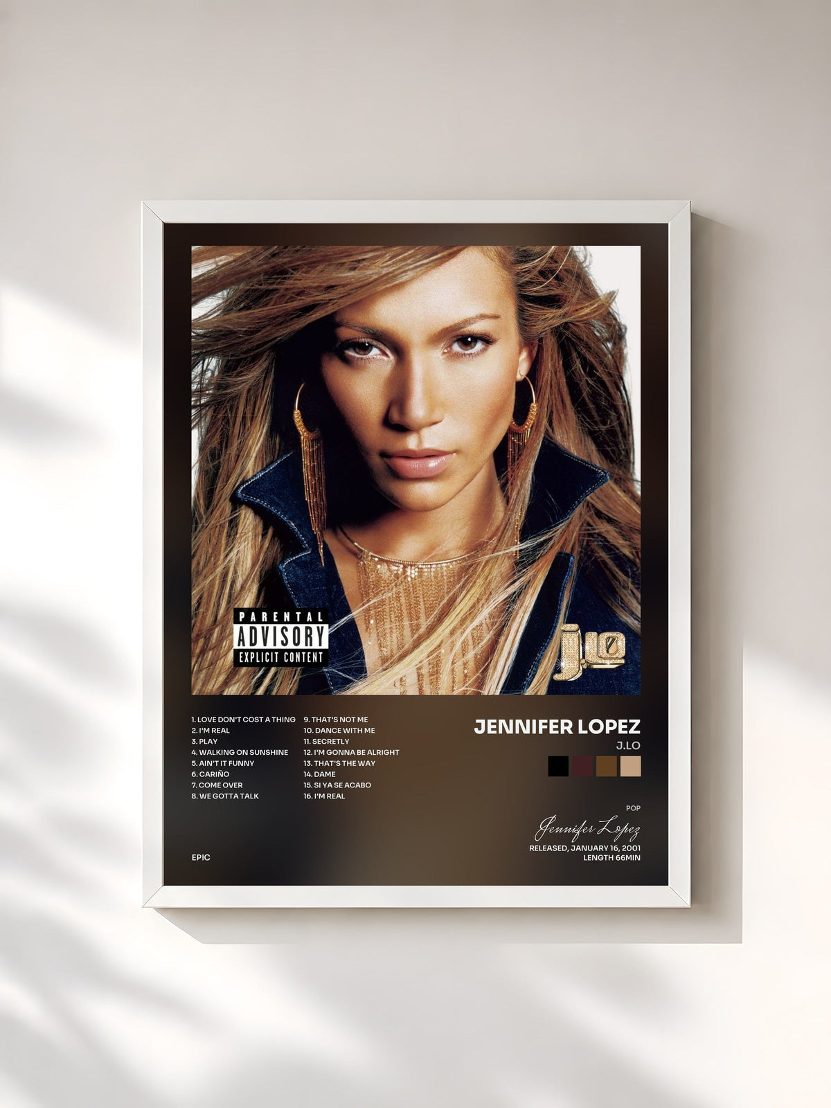 #blanc Tableau de l'album J.Lo de Jennifer Lopez, cadre blanc, imprimé et encadré en France