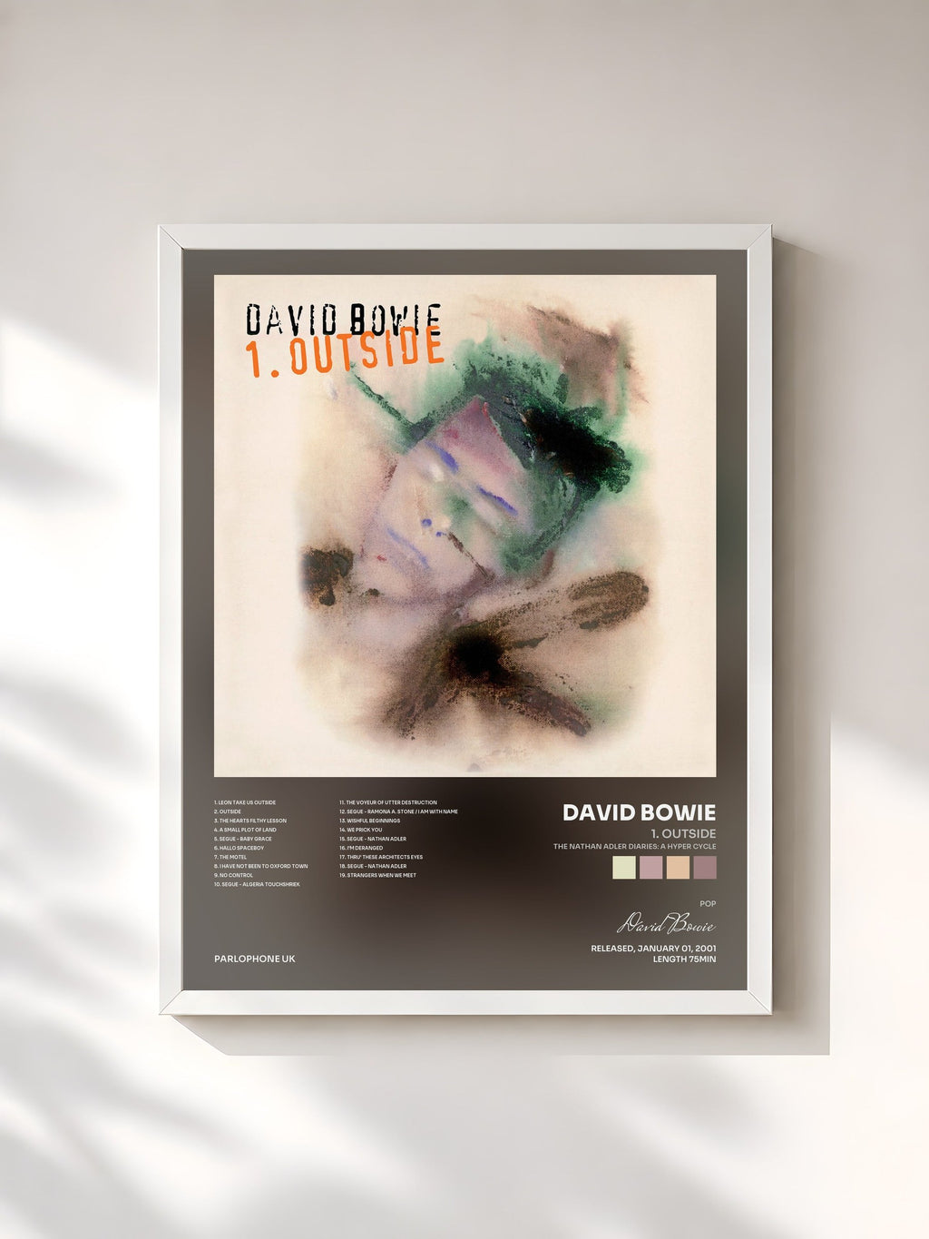 #blanc Tableau de l'album 1. Outside (The Nathan Adler Diaries: A Hyper Cycle) de David Bowie, cadre blanc, imprimé et encadré en France