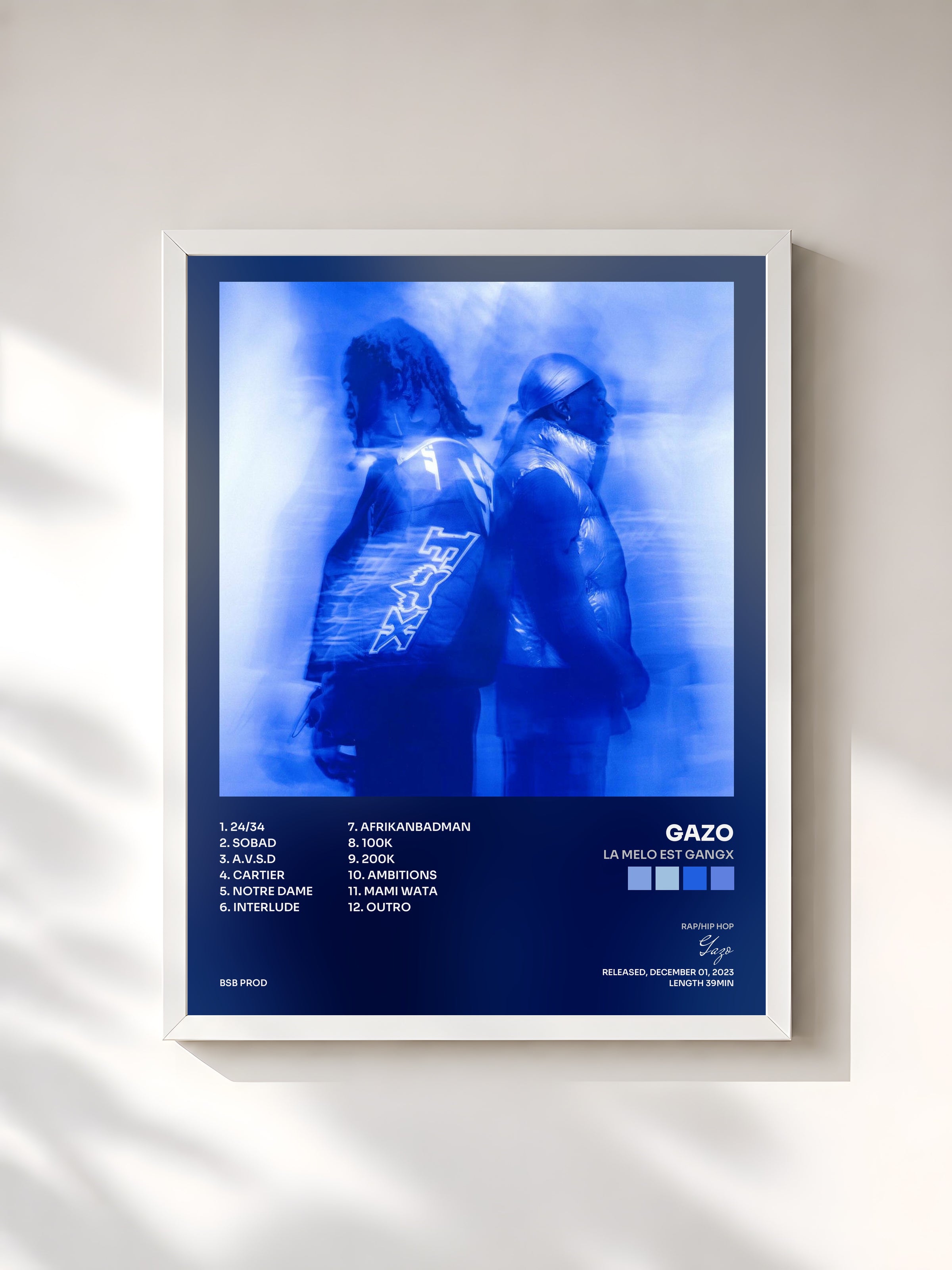 #blanc Tableau de l'album LA MELO EST GANGX de Gazo, cadre blanc, imprimé et encadré en France