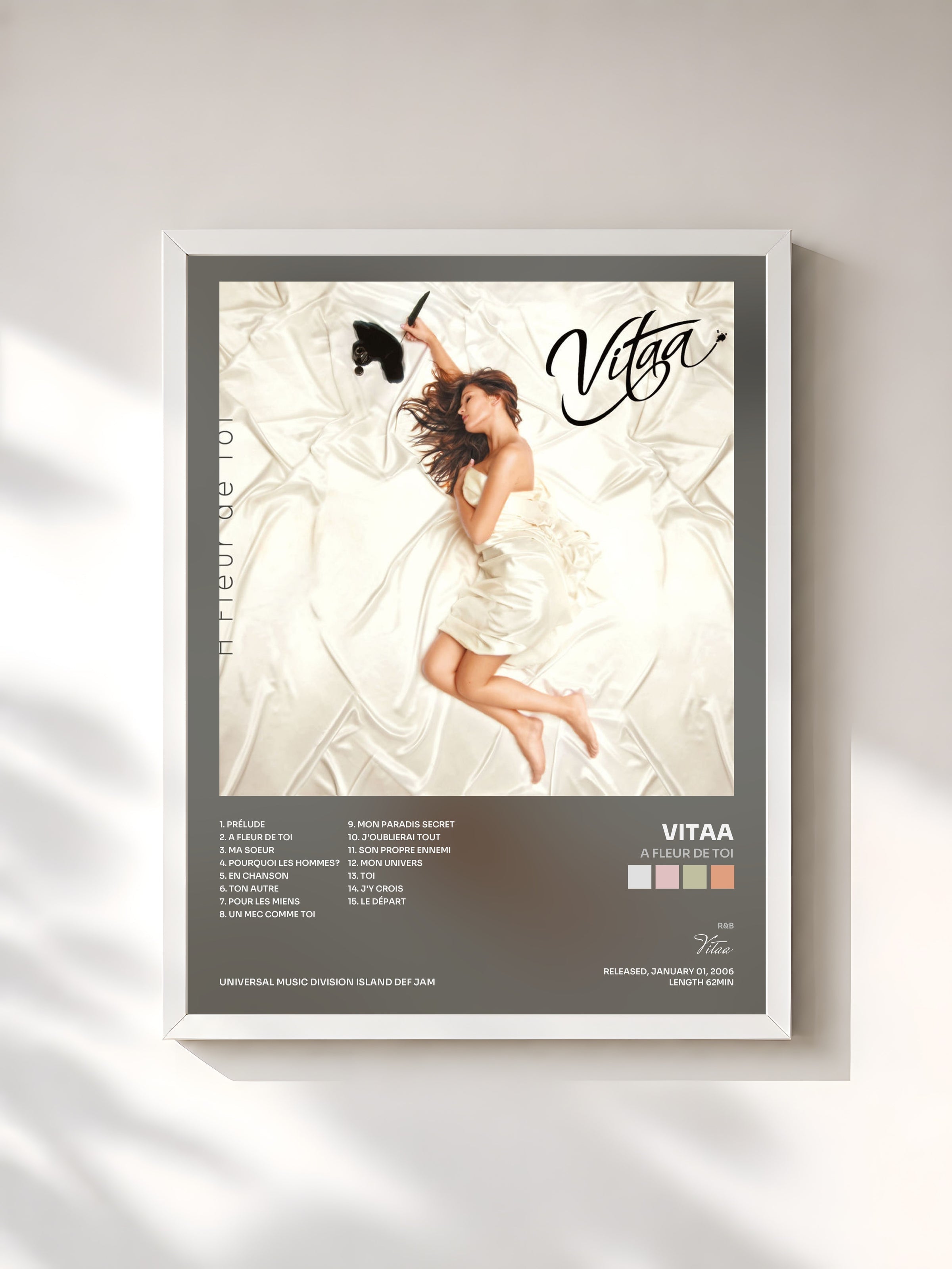 #blanc A Fleur De Toi by Vitaa as a framed art print, white frame, printed and framed in France