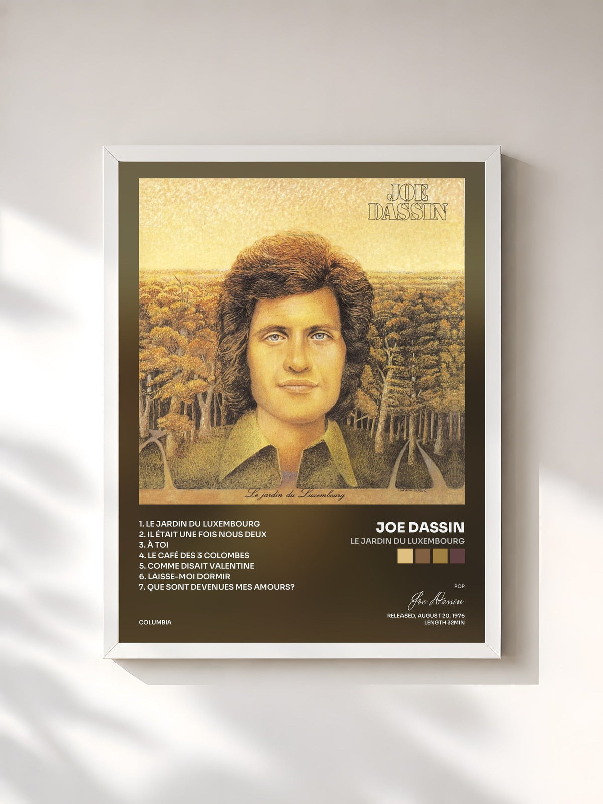 #blanc Le Jardin Du Luxembourg by Joe Dassin as a framed art print, white frame, printed and framed in France