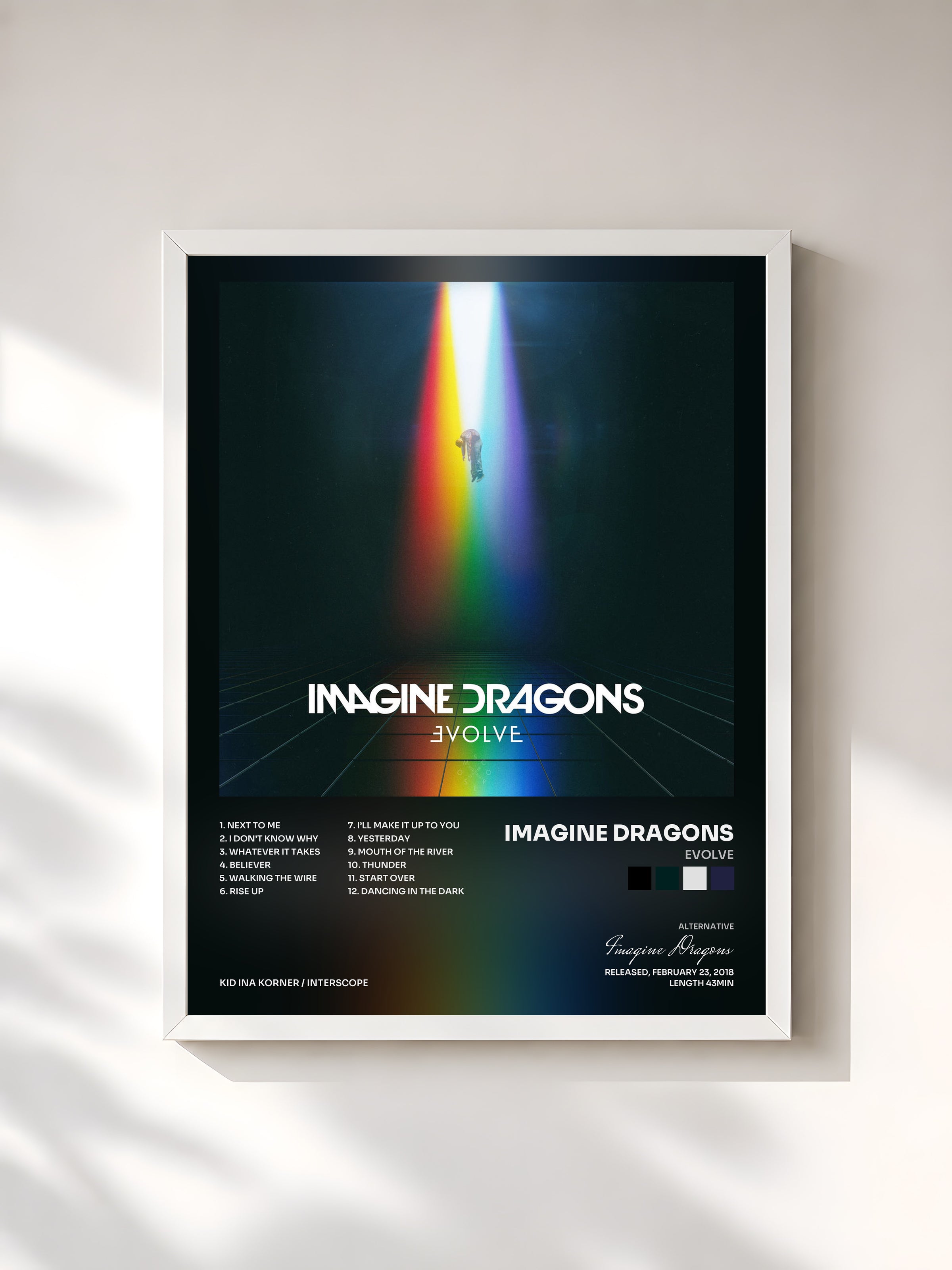 #blanc Tableau de l'album Evolve de Imagine Dragons, cadre blanc, imprimé et encadré en France