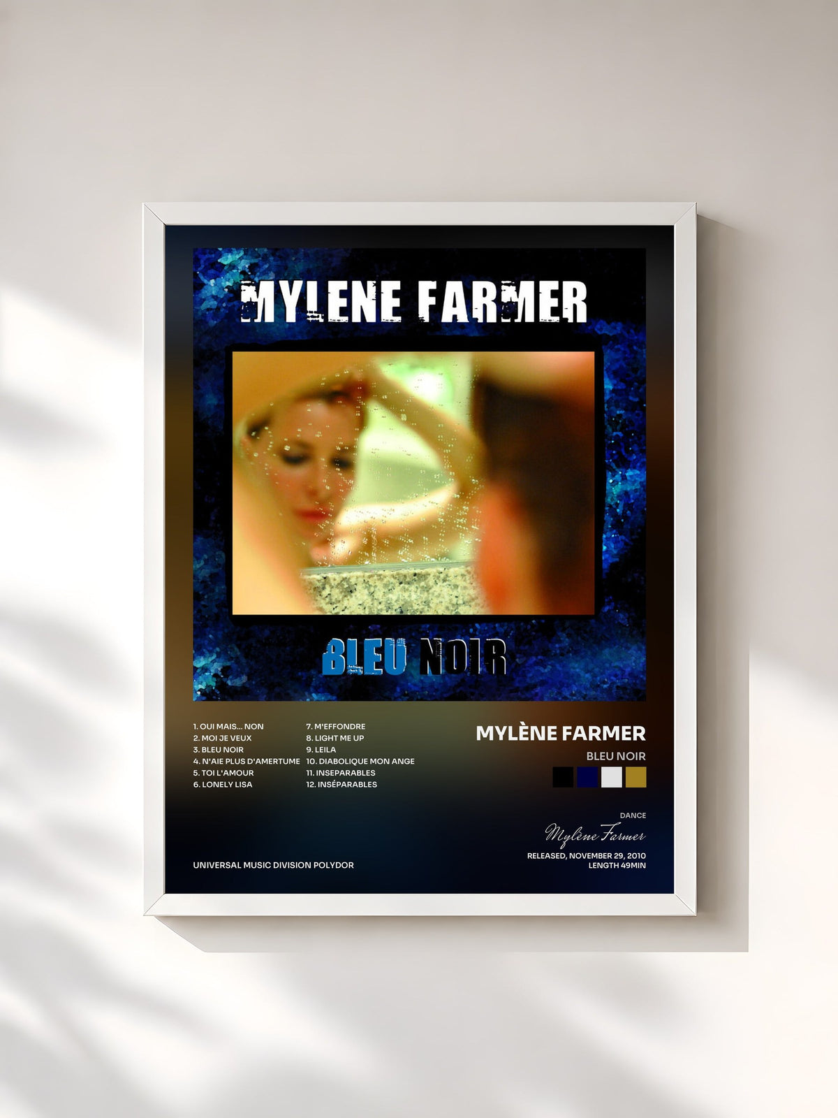 #blanc Tableau de l'album Bleu Noir de Mylène Farmer, cadre blanc, imprimé et encadré en France