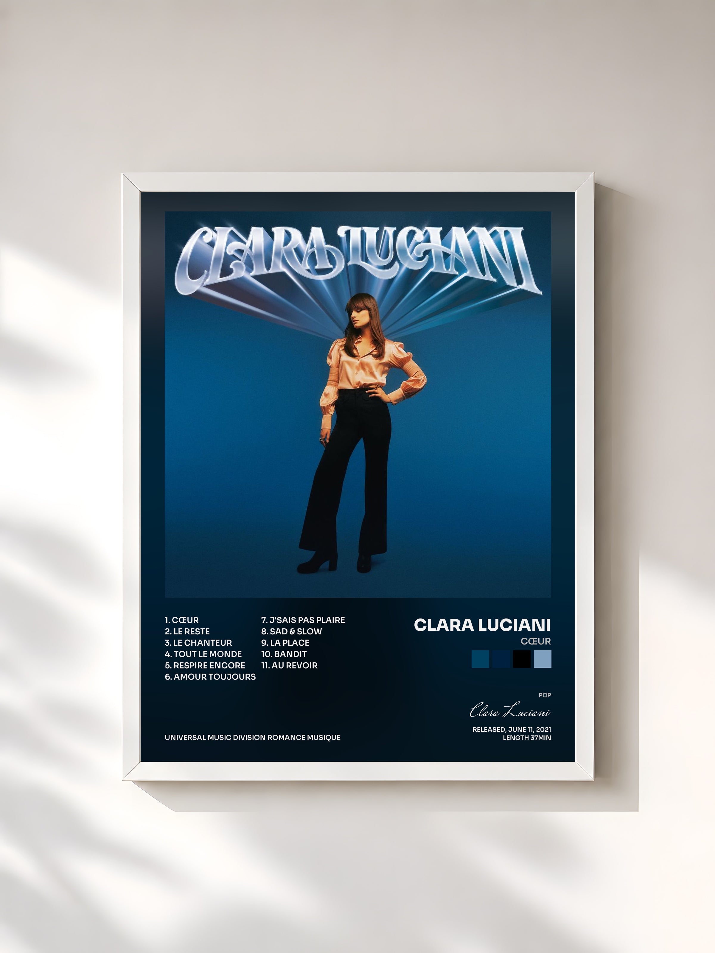 #blanc Tableau de l'album Cœur de Clara Luciani, cadre blanc, imprimé et encadré en France