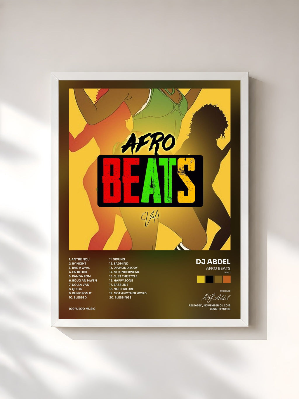 #blanc Afro Beats (Vol.1) de DJ Abdel en lámina enmarcada, marco blanco, impresa y enmarcada en Francia