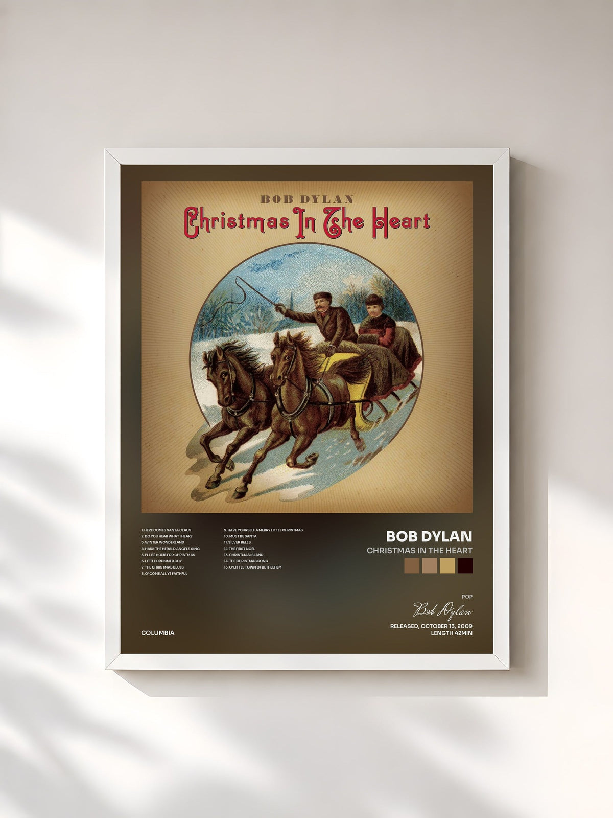 #blanc Tableau de l'album Christmas In The Heart de Bob Dylan, cadre blanc, imprimé et encadré en France