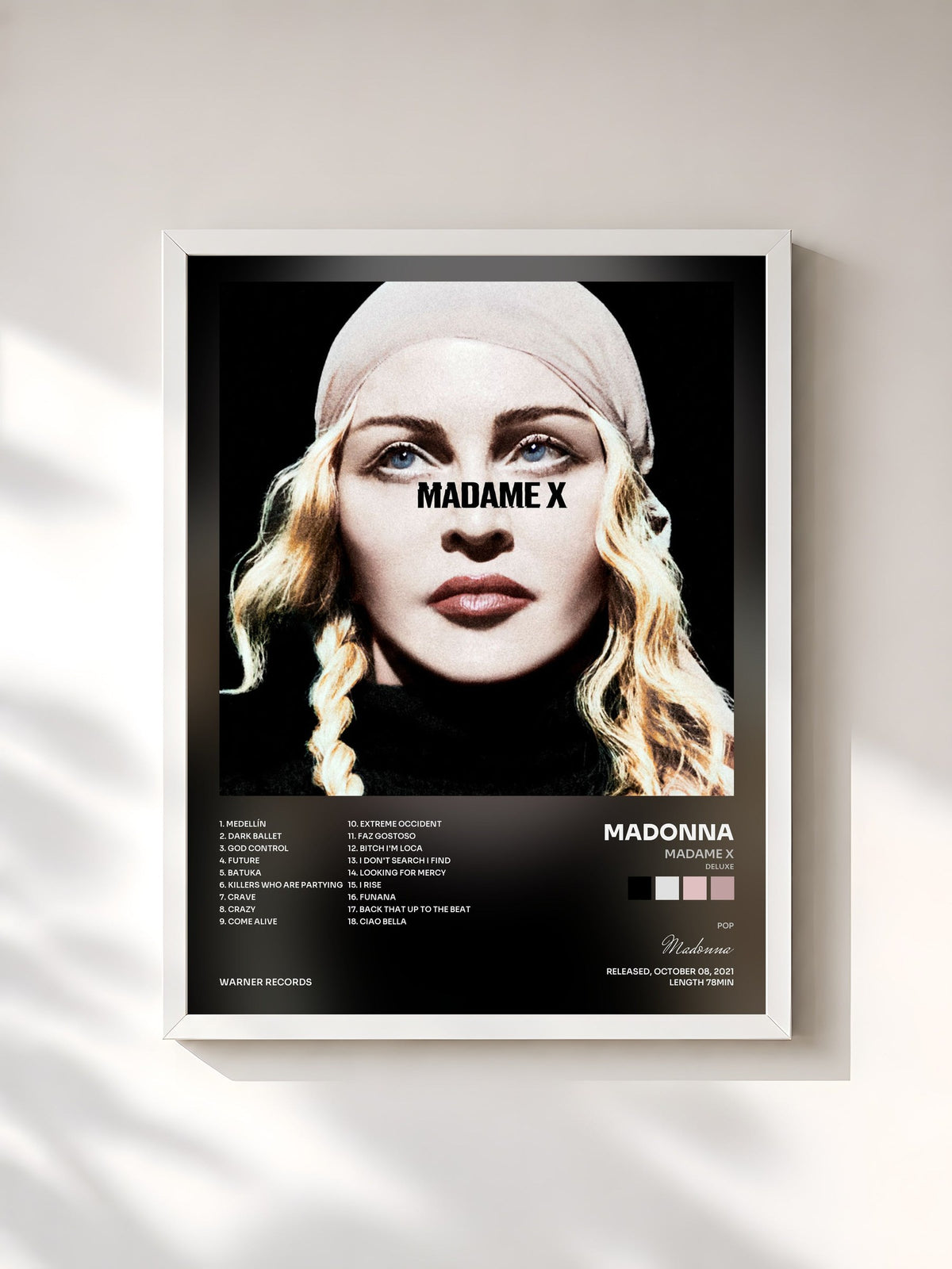 #blanc Tableau de l'album Madame X (Deluxe) de Madonna, cadre blanc, imprimé et encadré en France