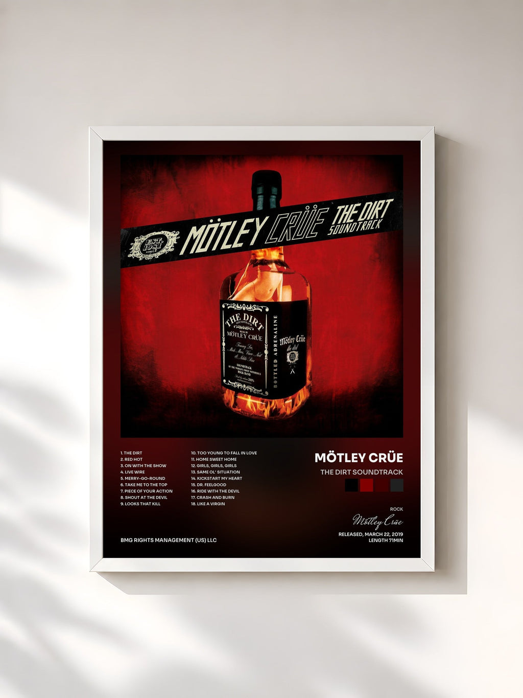 #blanc Tableau de l'album The Dirt Soundtrack de Mötley Crüe, cadre blanc, imprimé et encadré en France