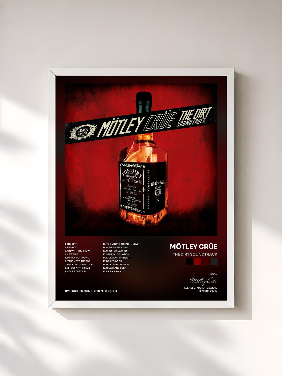 #blanc Tableau de l'album The Dirt Soundtrack de Mötley Crüe, cadre blanc, imprimé et encadré en France