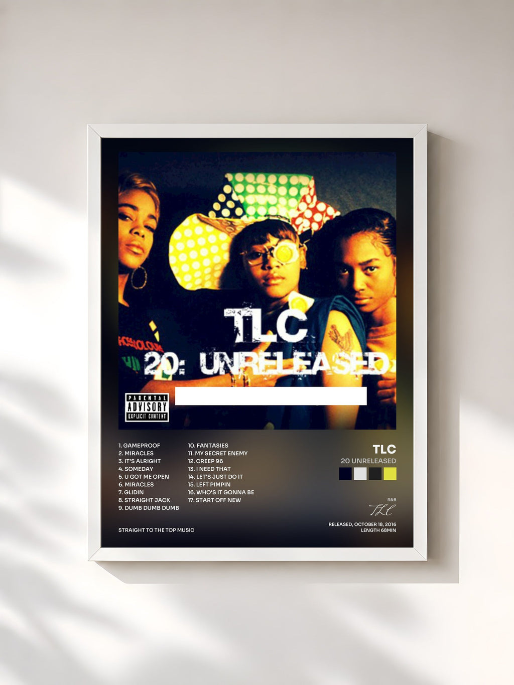 #blanc Tableau de l'album 20 Unreleased de TLC, cadre blanc, imprimé et encadré en France