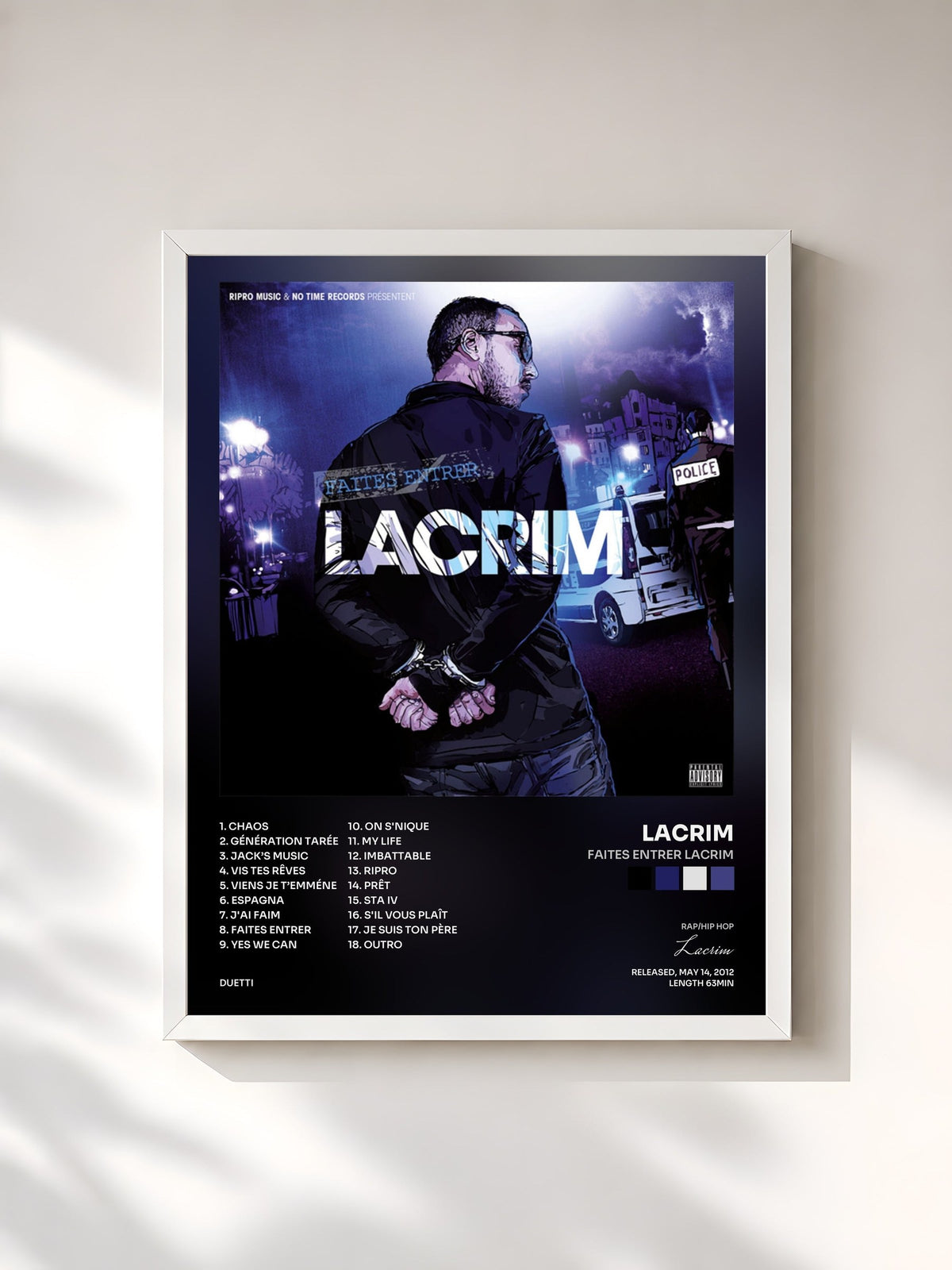 #blanc Tableau de l'album Faites entrer Lacrim de Lacrim, cadre blanc, imprimé et encadré en France