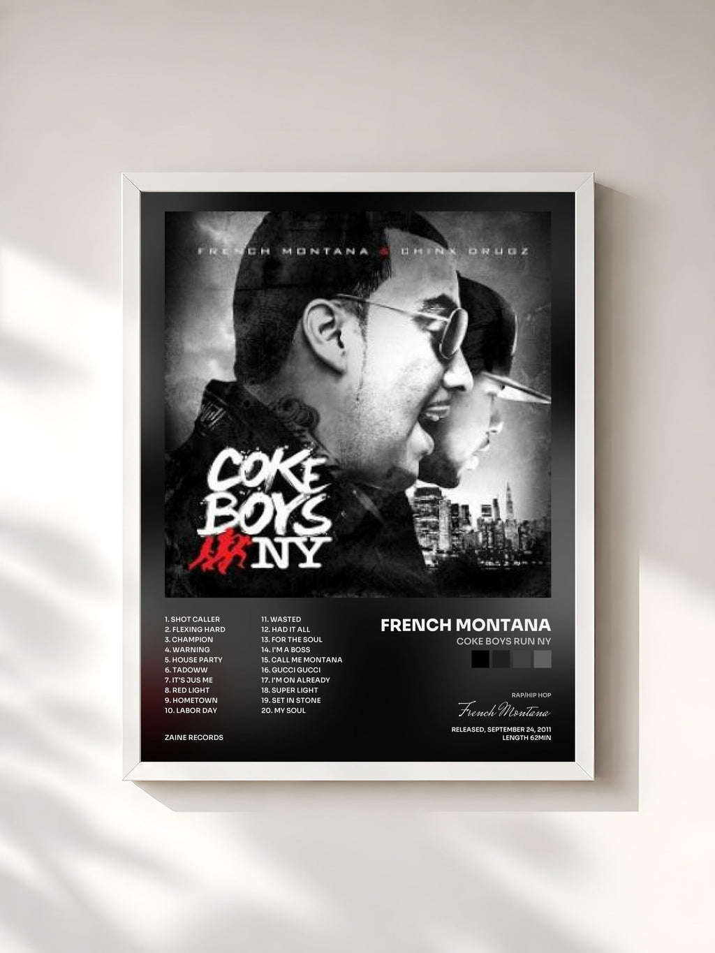 #blanc Tableau de l'album Coke Boys Run NY de French Montana, cadre blanc, imprimé et encadré en France