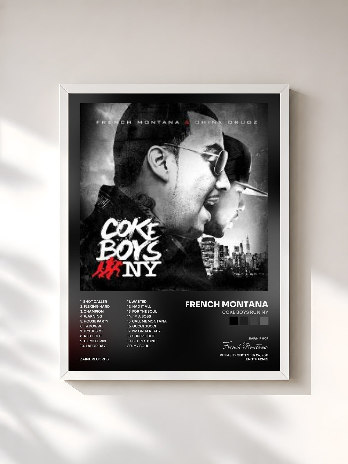 #blanc Tableau de l'album Coke Boys Run NY de French Montana, cadre blanc, imprimé et encadré en France