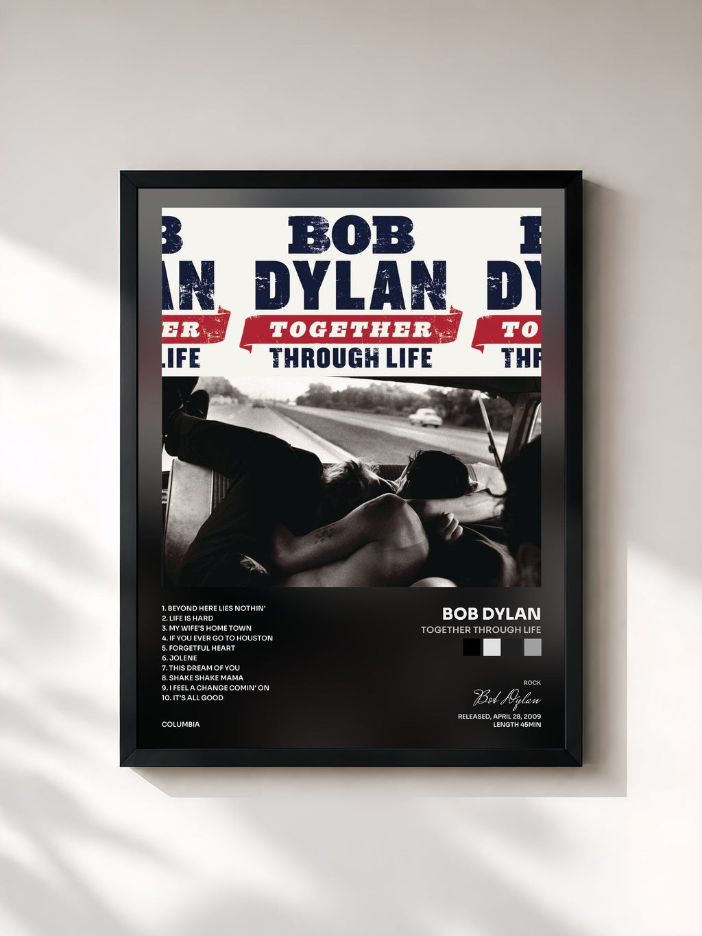 #noir Tableau de l'album Together Through Life de Bob Dylan, cadre noir, imprimé et encadré en France