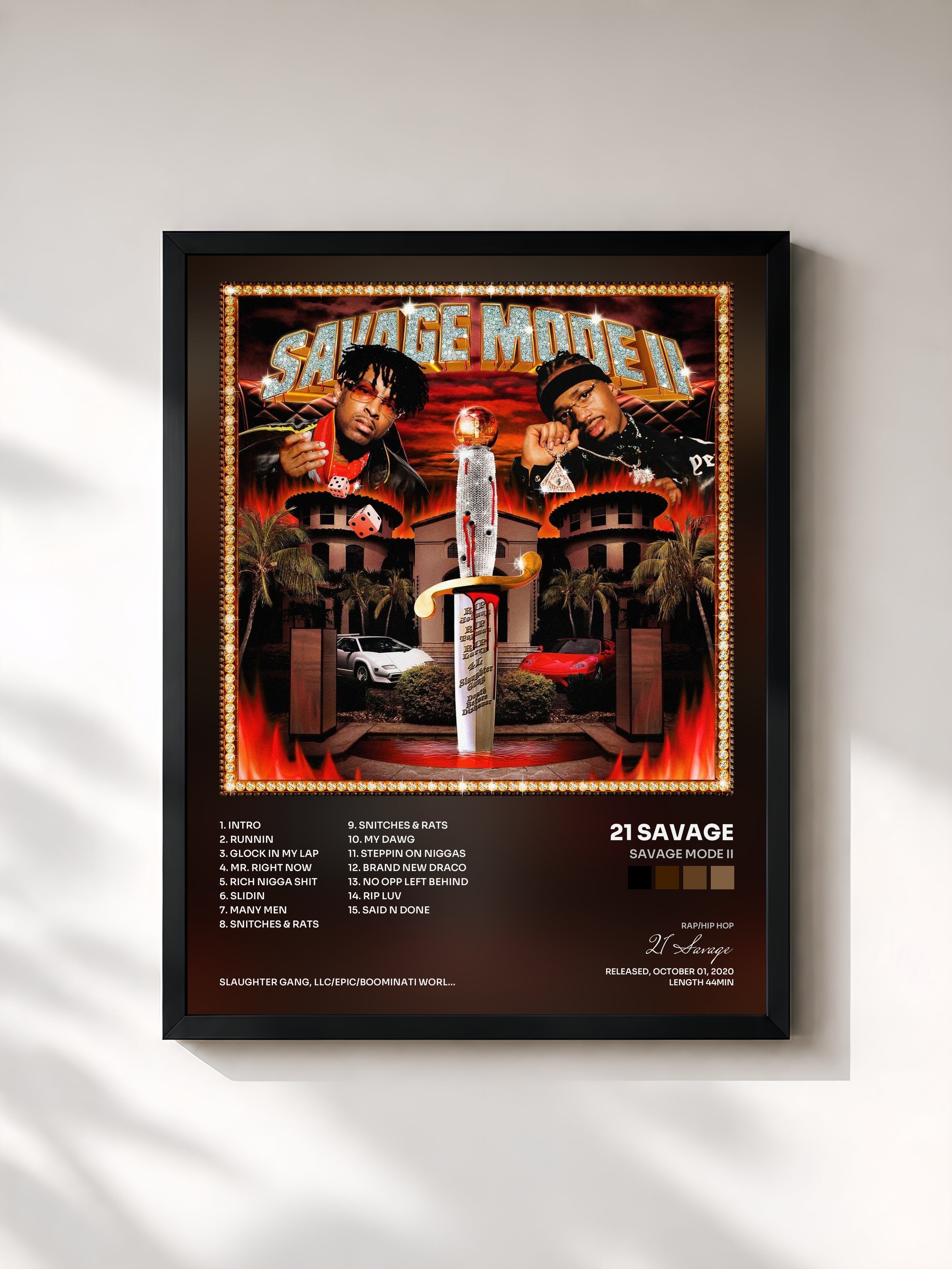#noir Tableau de l'album SAVAGE MODE II de 21 Savage, cadre noir, imprimé et encadré en France