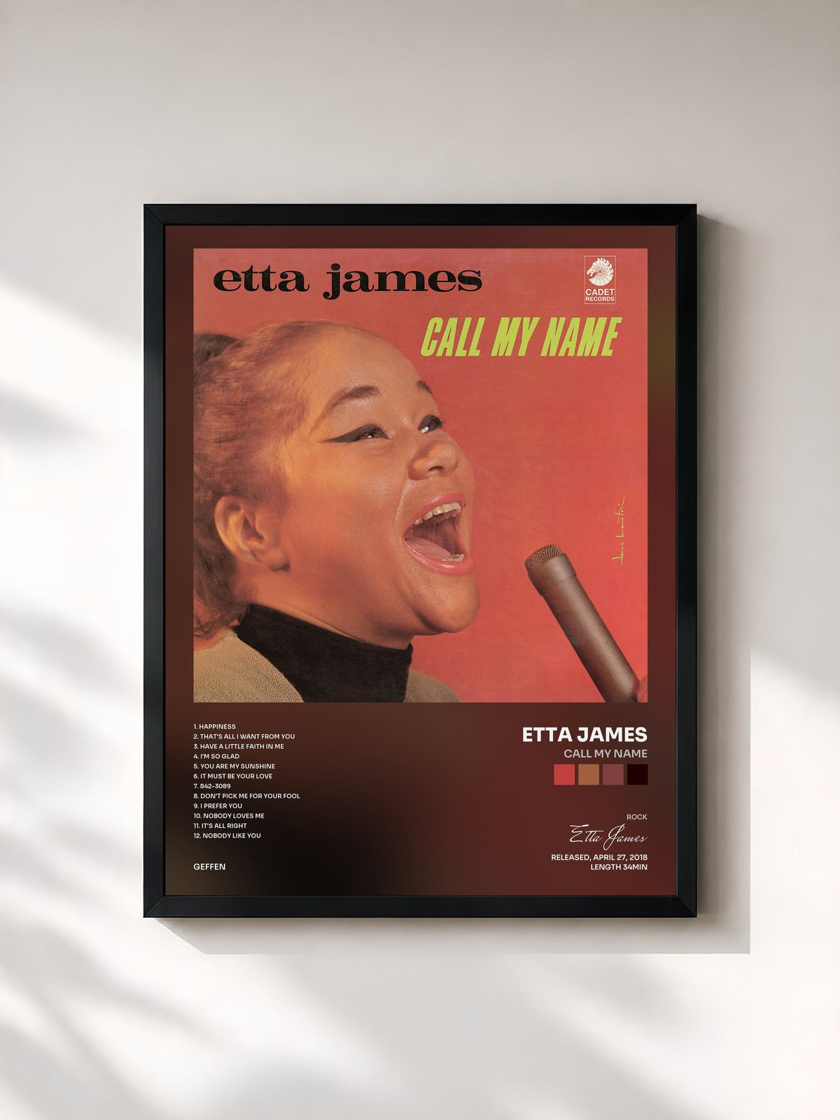 #noir Tableau de l'album Call My Name de Etta James, cadre noir, imprimé et encadré en France