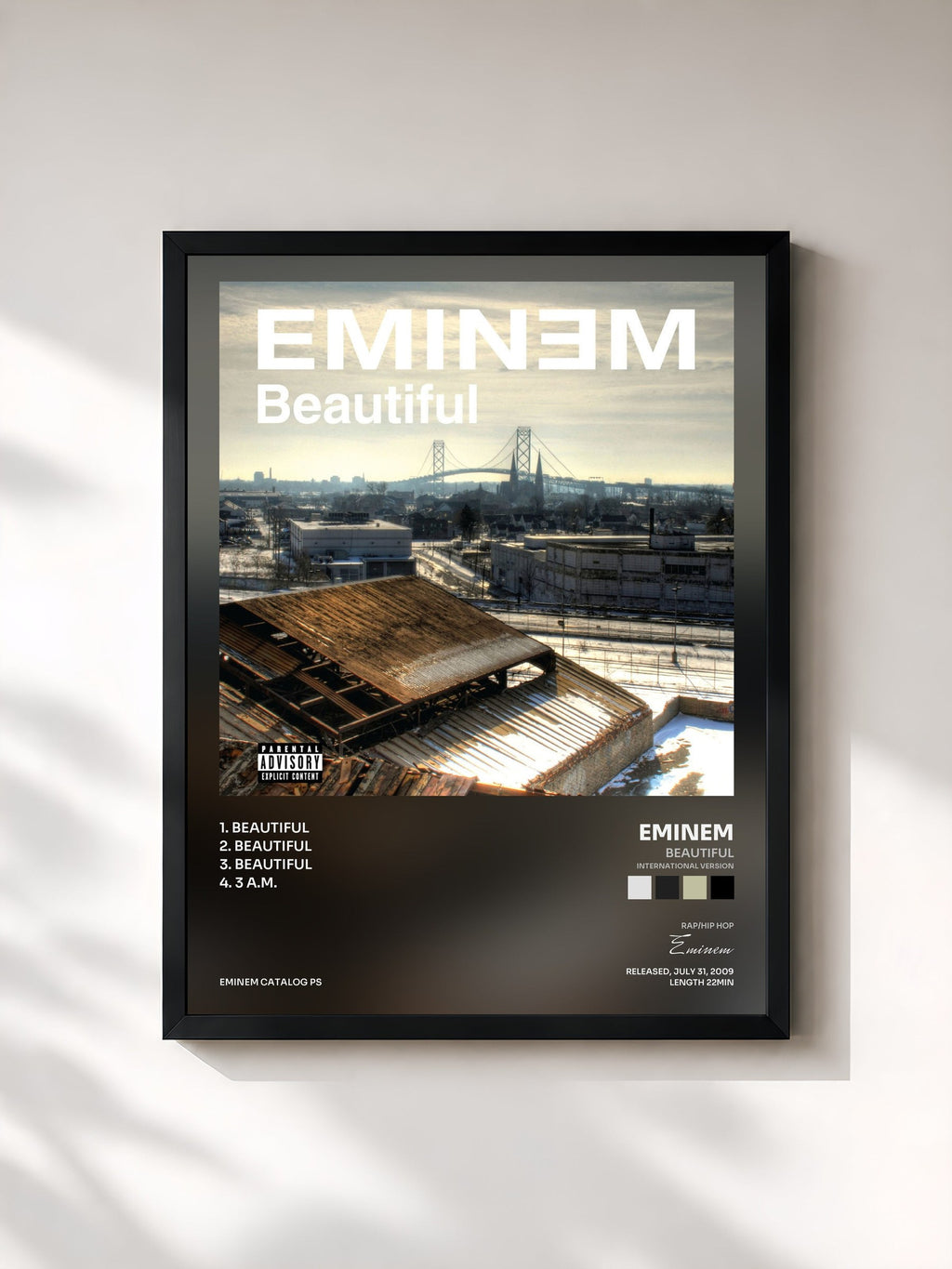#noir Tableau de l'album Beautiful (International Version) de Eminem, cadre noir, imprimé et encadré en France