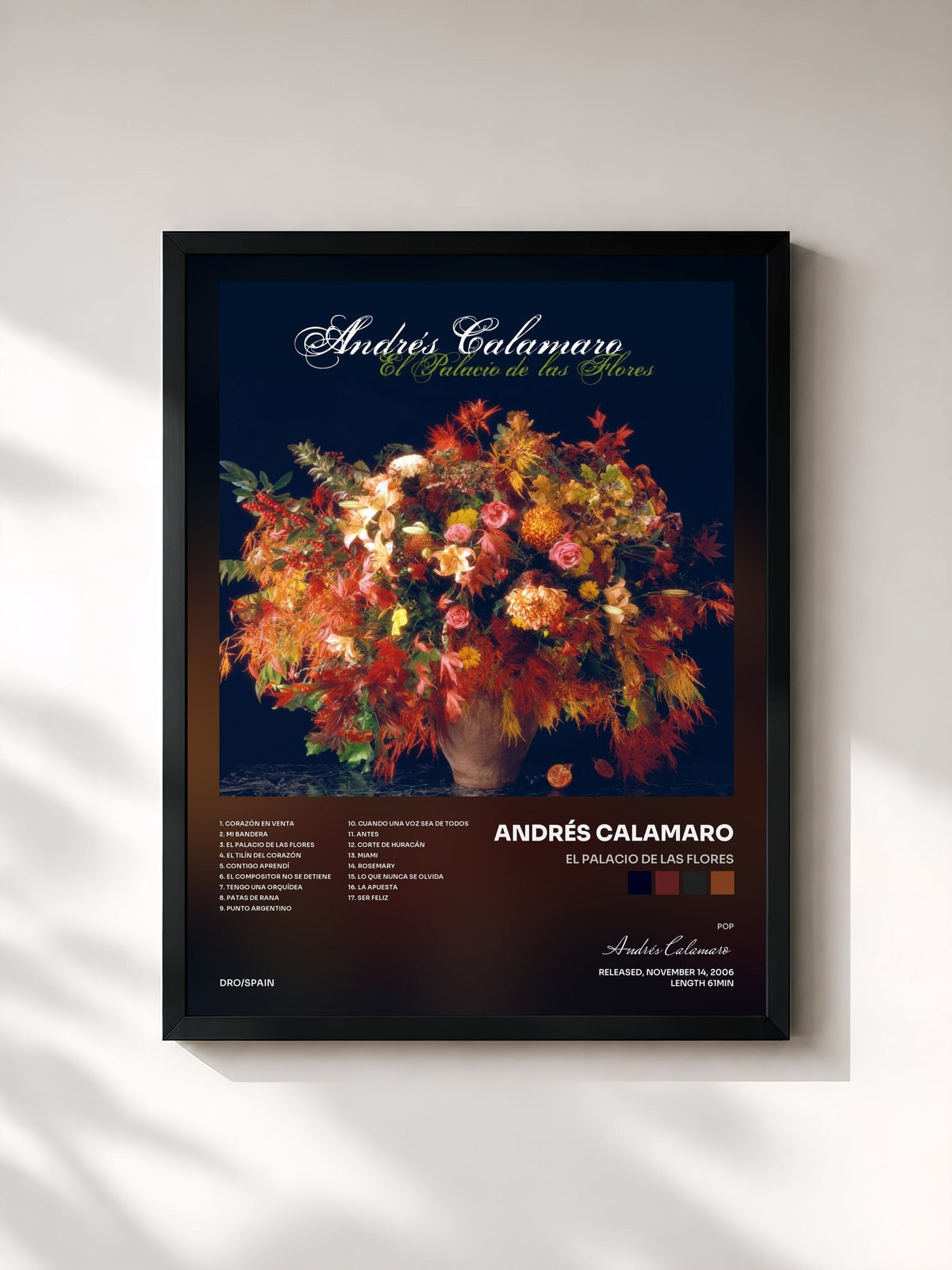 #noir Tableau de l'album El palacio de las flores de Andrés Calamaro, cadre noir, imprimé et encadré en France