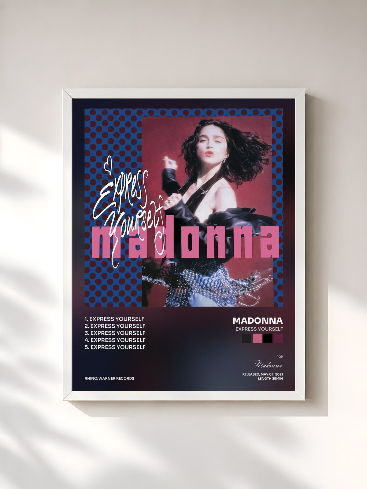 #blanc Tableau de l'album Express Yourself de Madonna, cadre blanc, imprimé et encadré en France